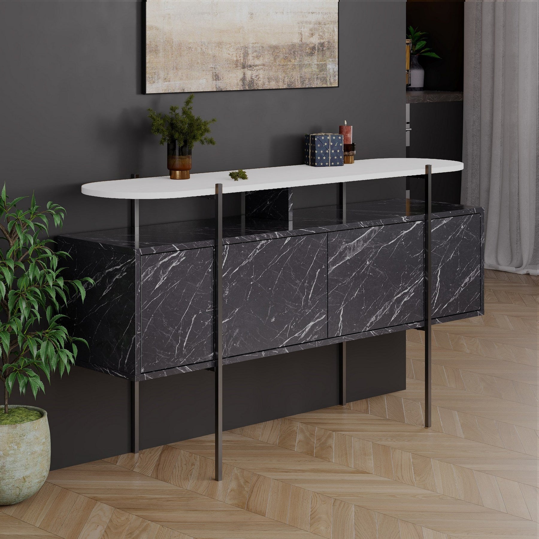 Consola Hanley, negru/alb, PAL, 150x38x86 cm