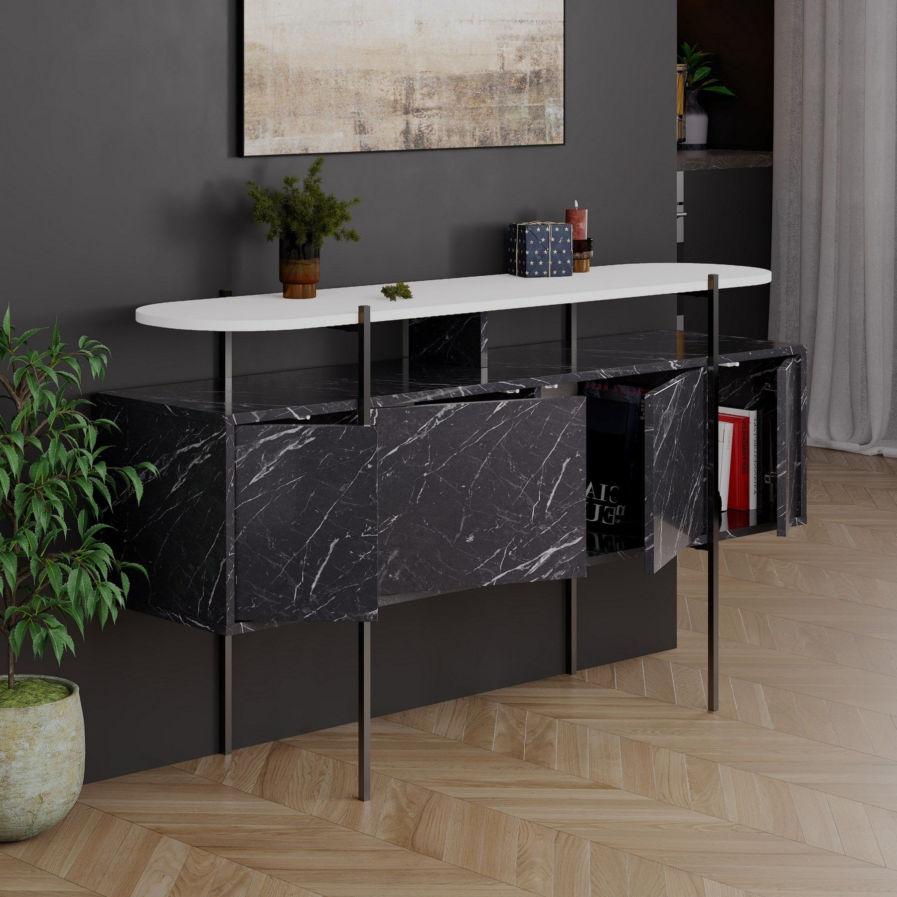 Consola Hanley, negru/alb, PAL, 150x38x86 cm