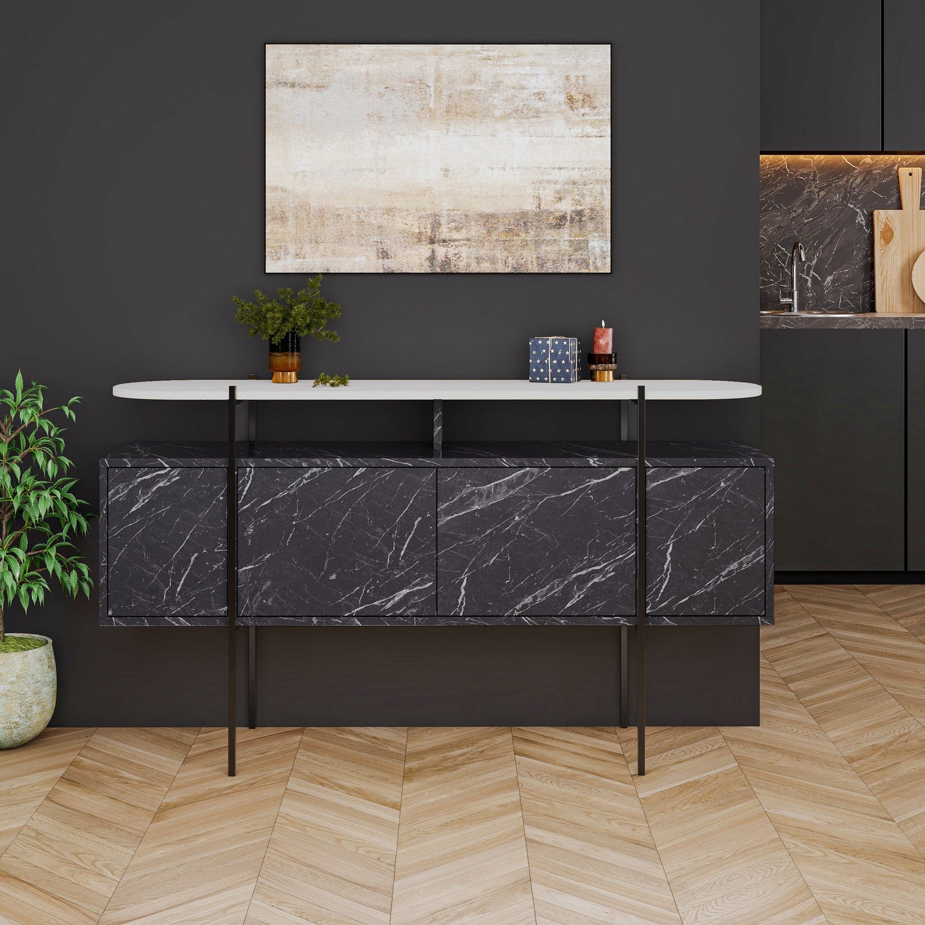 Consola Hanley, negru/alb, PAL, 150x38x86 cm