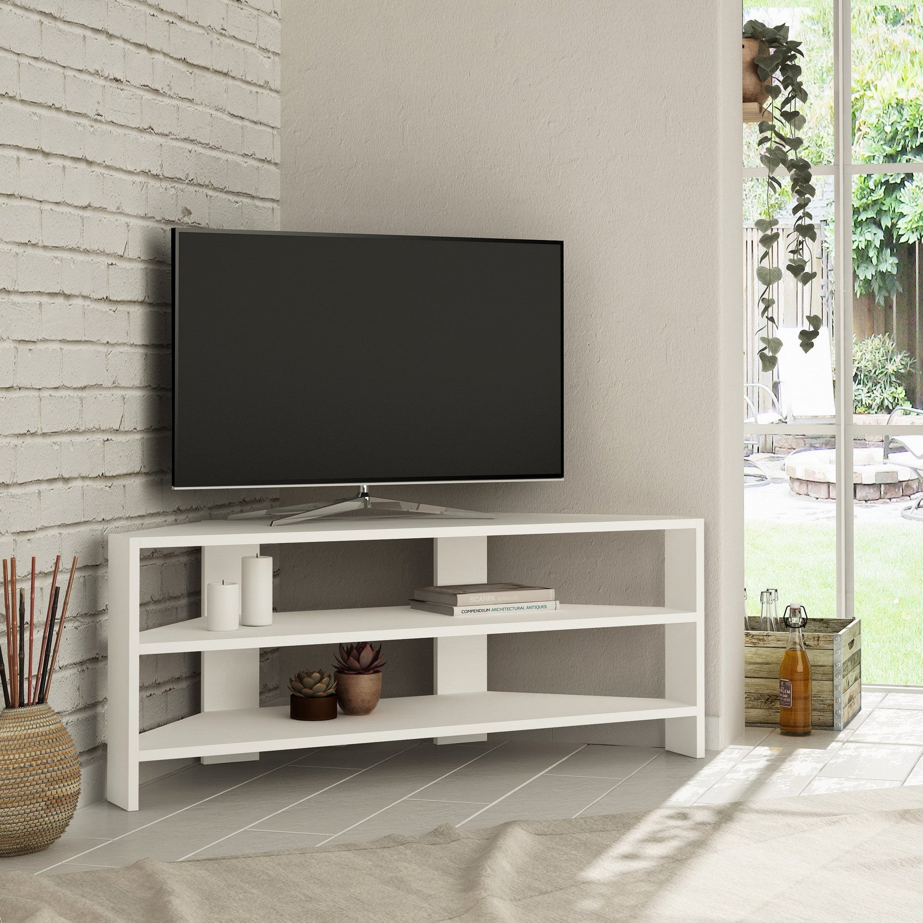 Comoda TV Thales Corner, alb, PAL melaminat, 114x36x45 cm