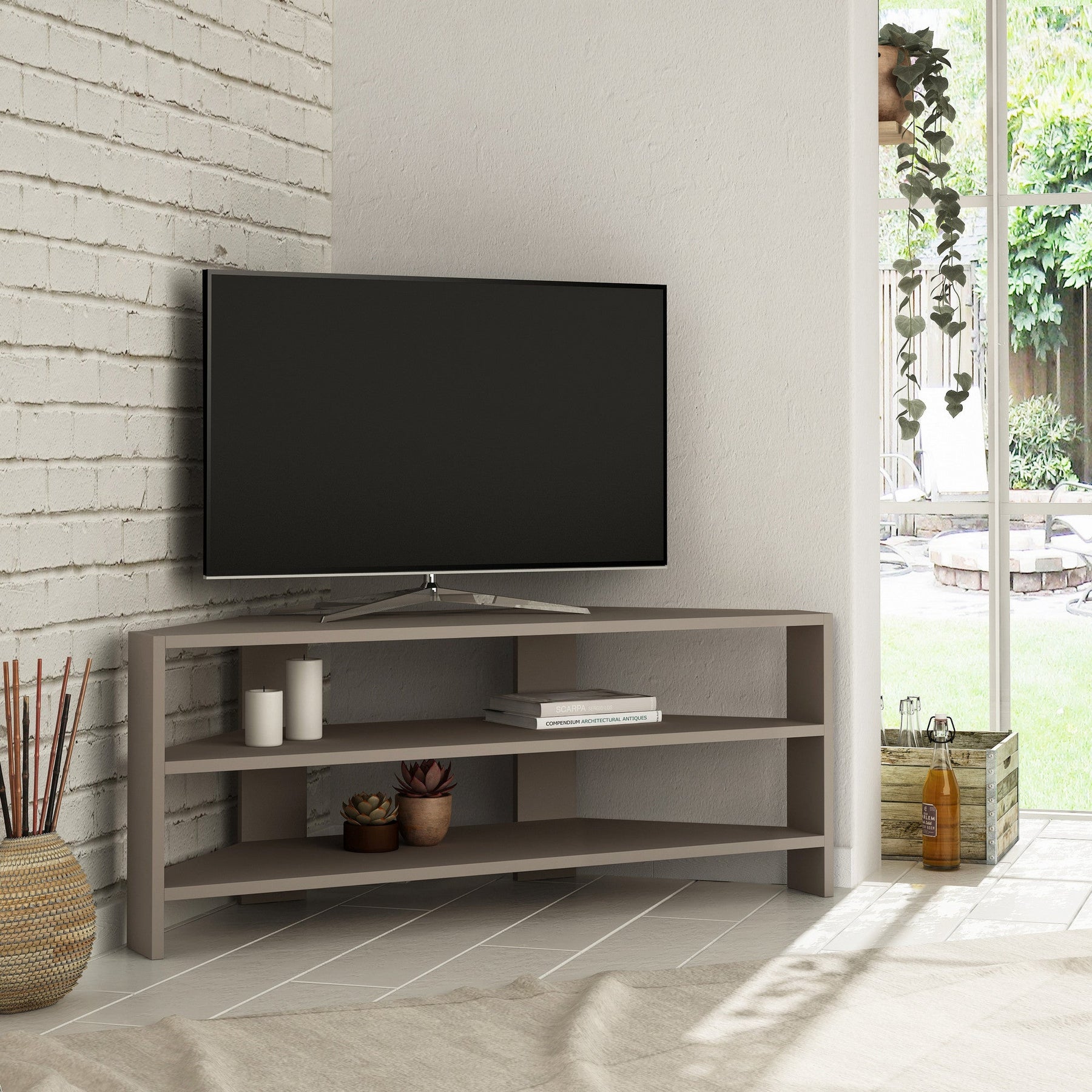 Comoda TV Thales Corner, bej, PAL melaminat, 114x36x45 cm