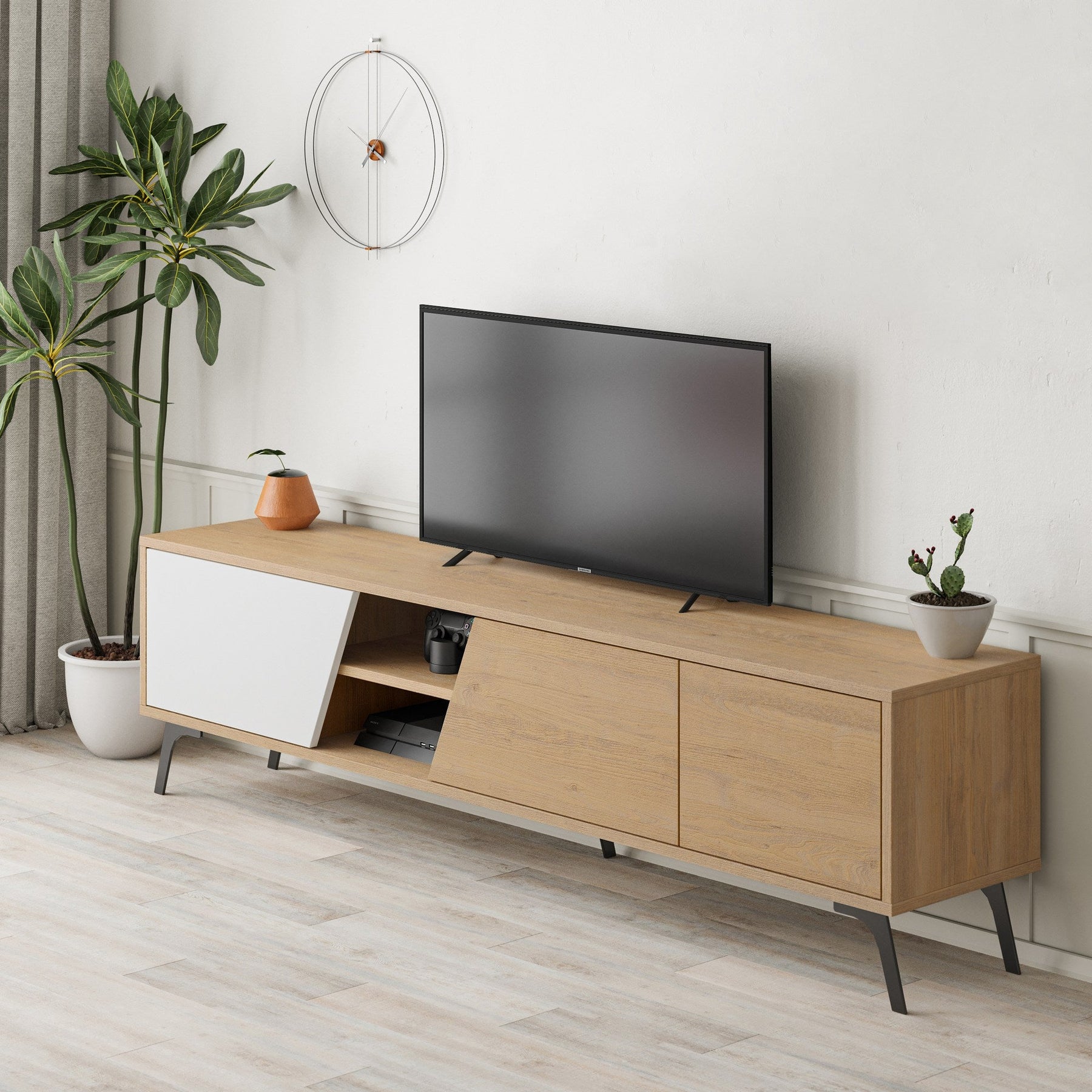 Comoda TV Fiona, stejar/alb, PAL, 180x36x48 cm