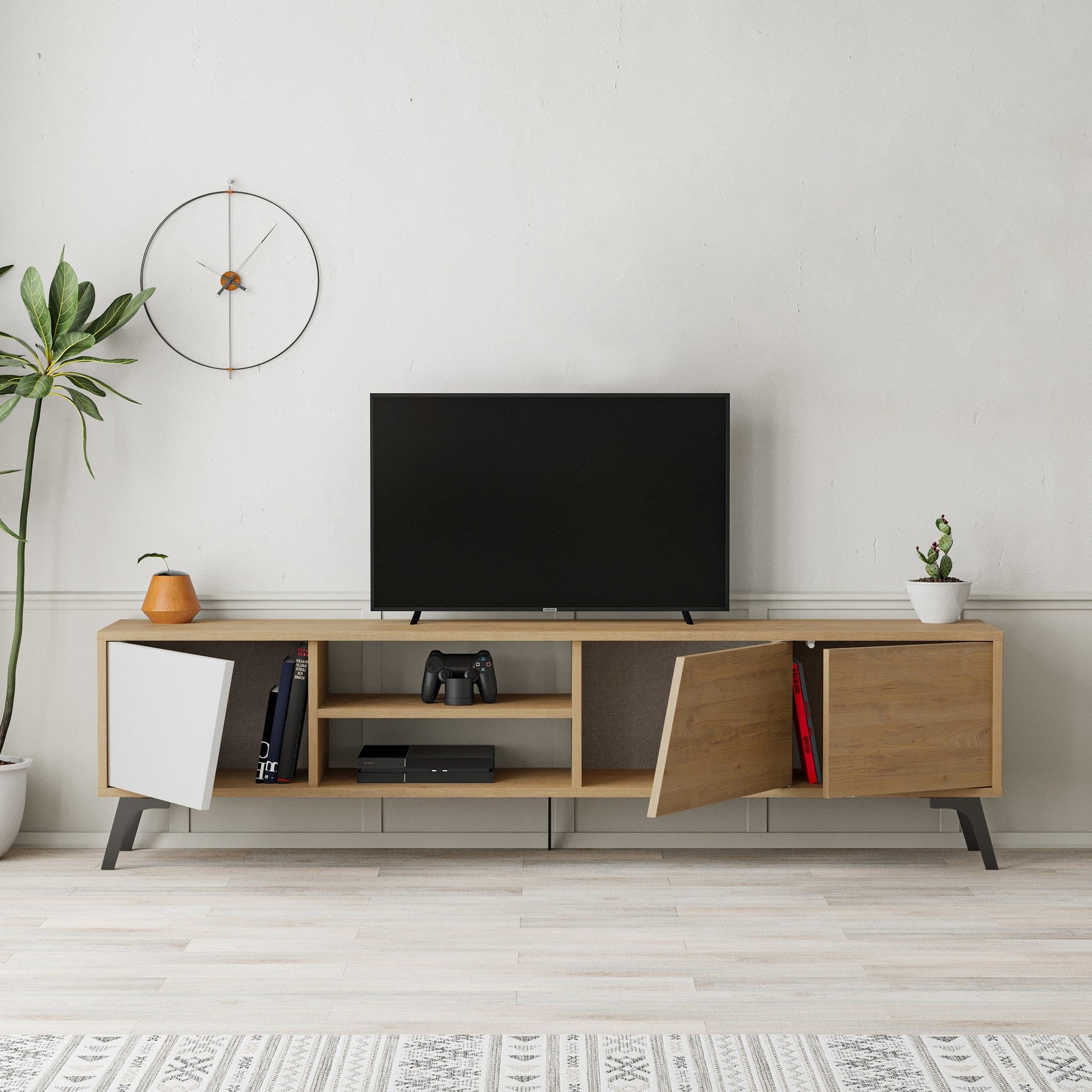 Comoda TV Fiona, stejar/alb, PAL, 180x36x48 cm