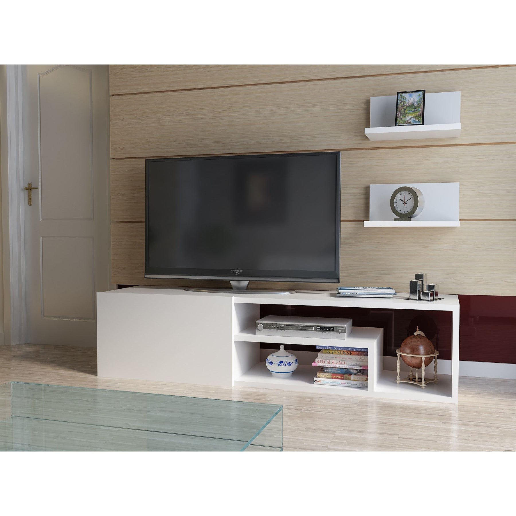 Set comoda Tv si 2 rafturi Zeplin, alb, PAL melaminat, 120x29x30 cm