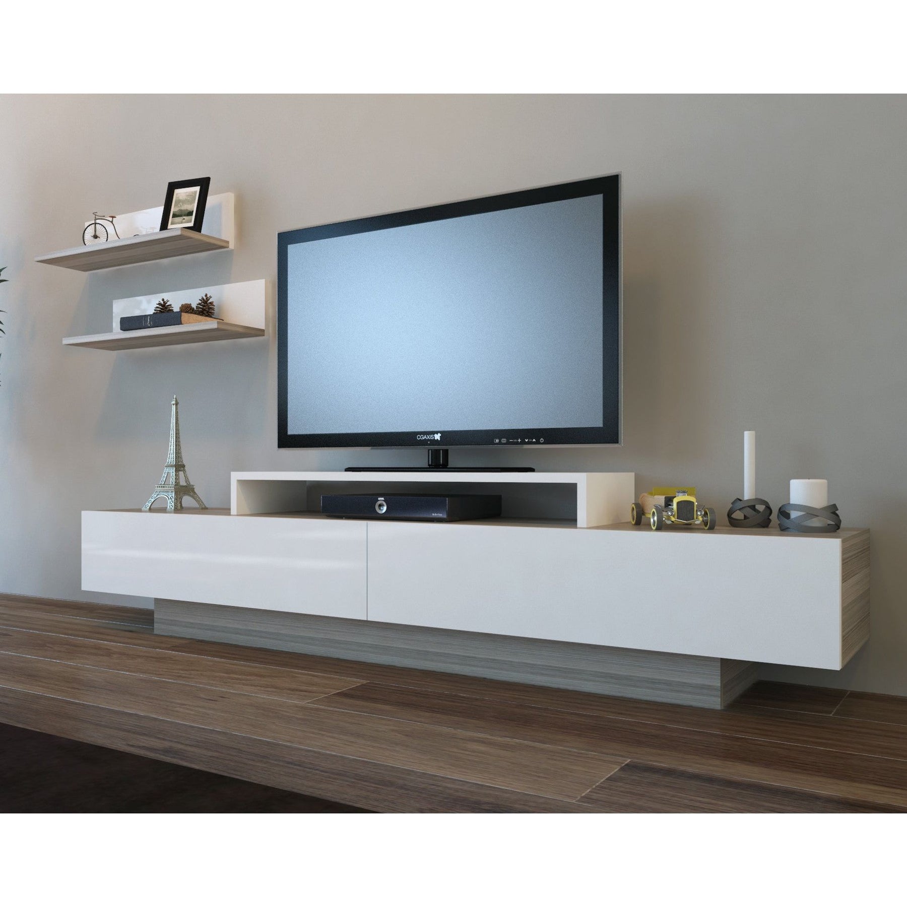 Set comoda TV si 2 rafturi Lusi, alb/stejar, PAL