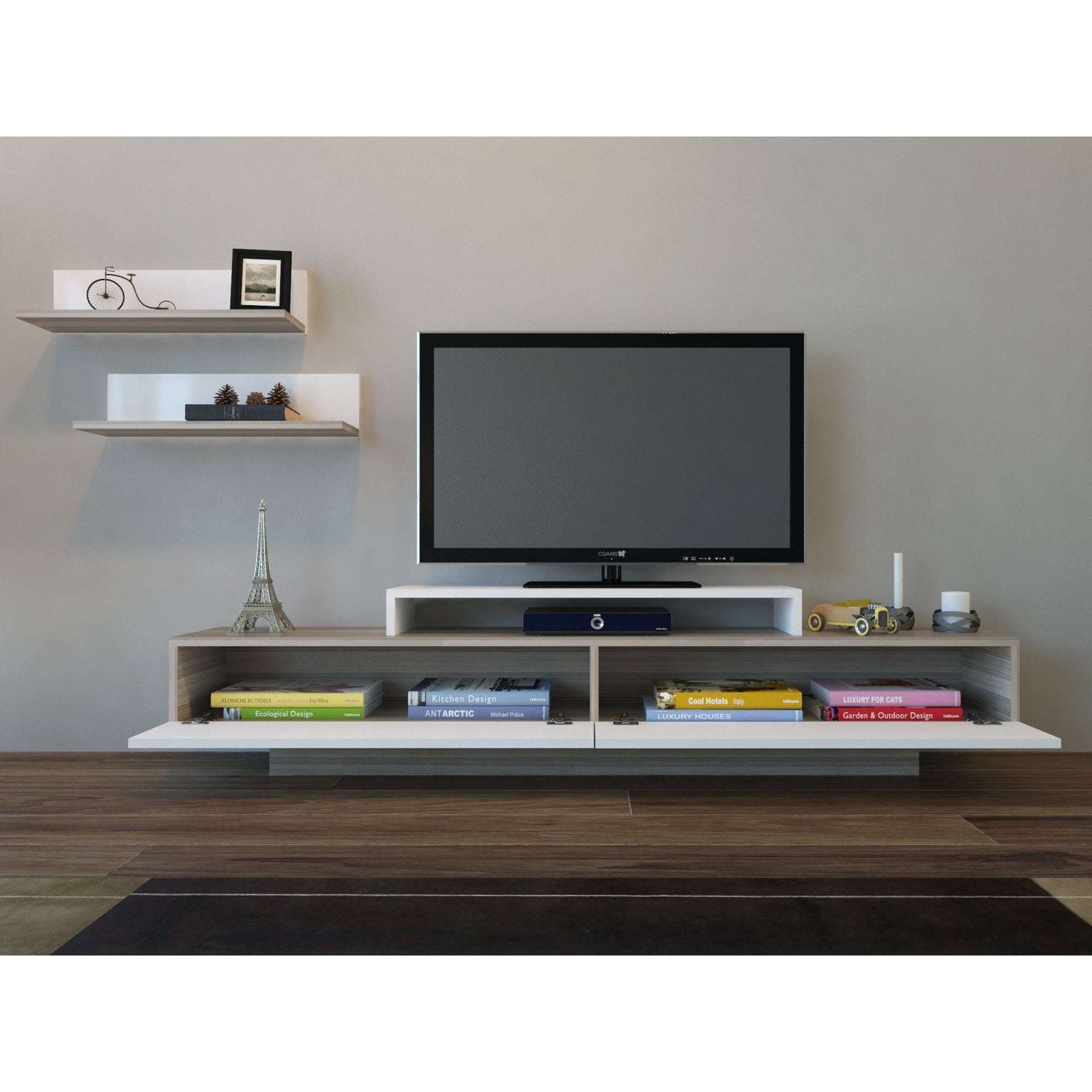 Set comoda TV si 2 rafturi Lusi, alb/stejar, PAL