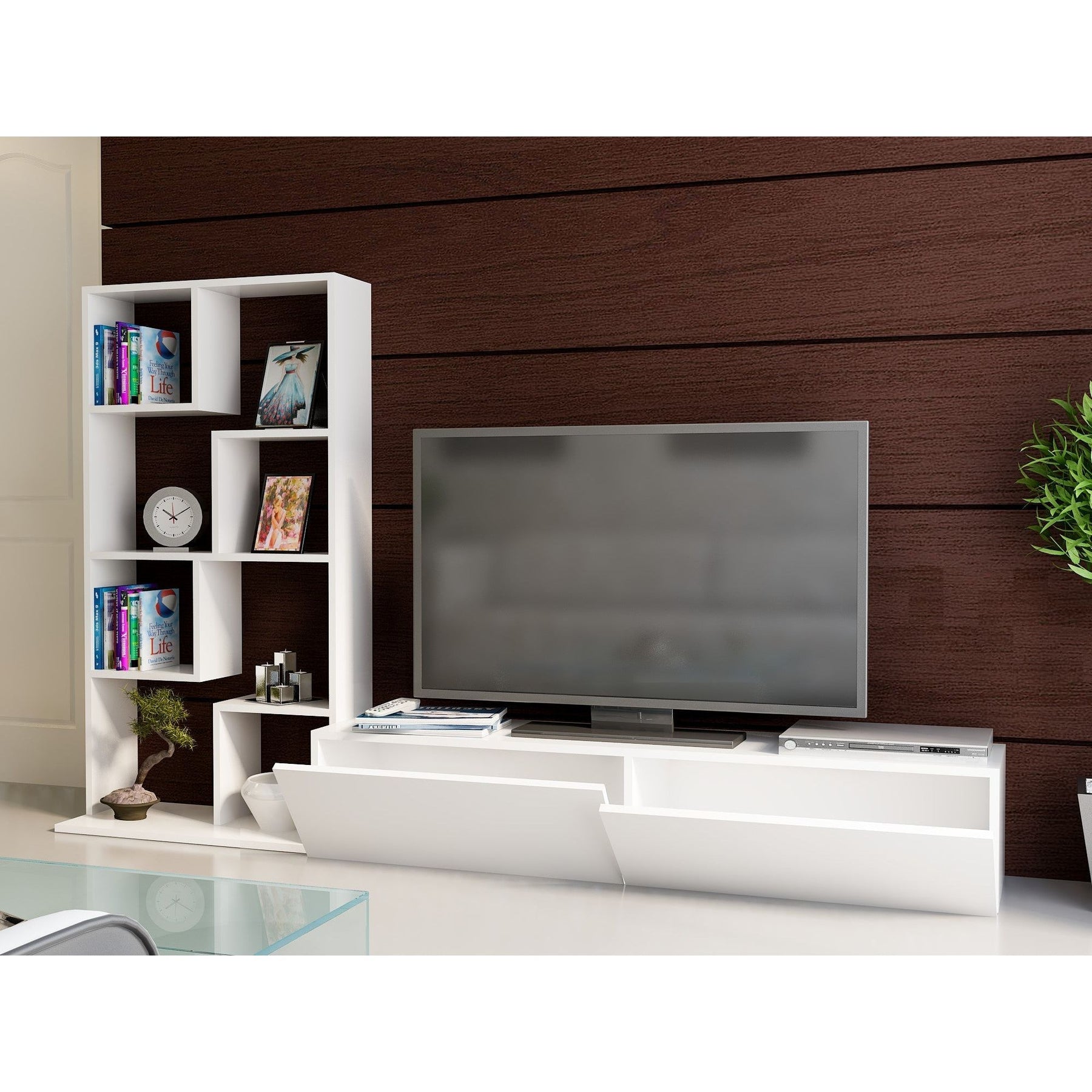 Set Living Bare, din PAL melaminat, alb, 220x33.8x133.8 cm