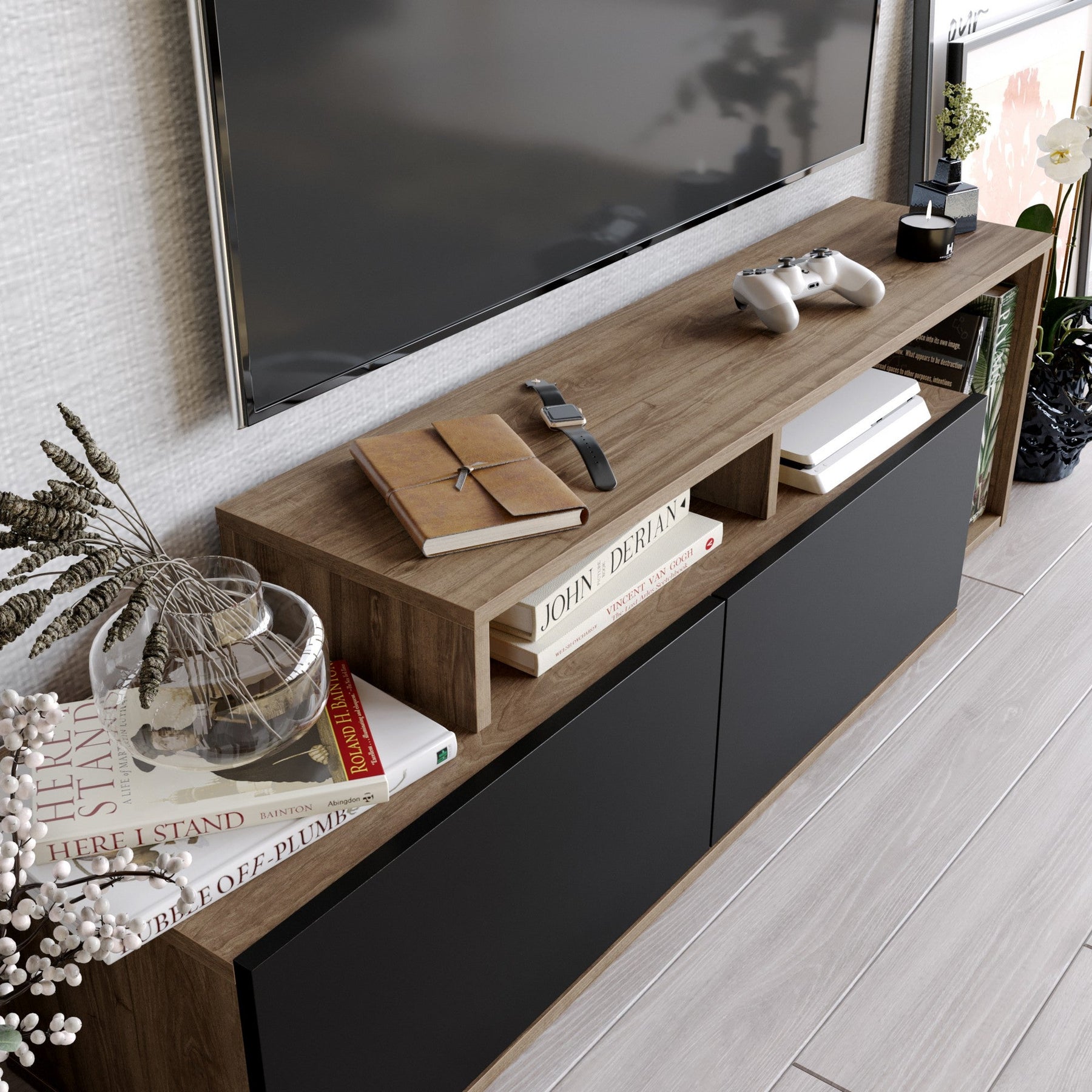 Comoda TV Nexera, negru/nuc, PAL melaminat, 150x43x35 cm