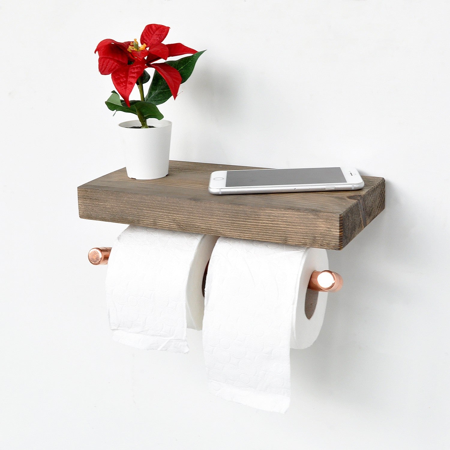 Suport dublu pentru hartie igienica COP018, lemn de molid/cupru, 30x12x15 cm