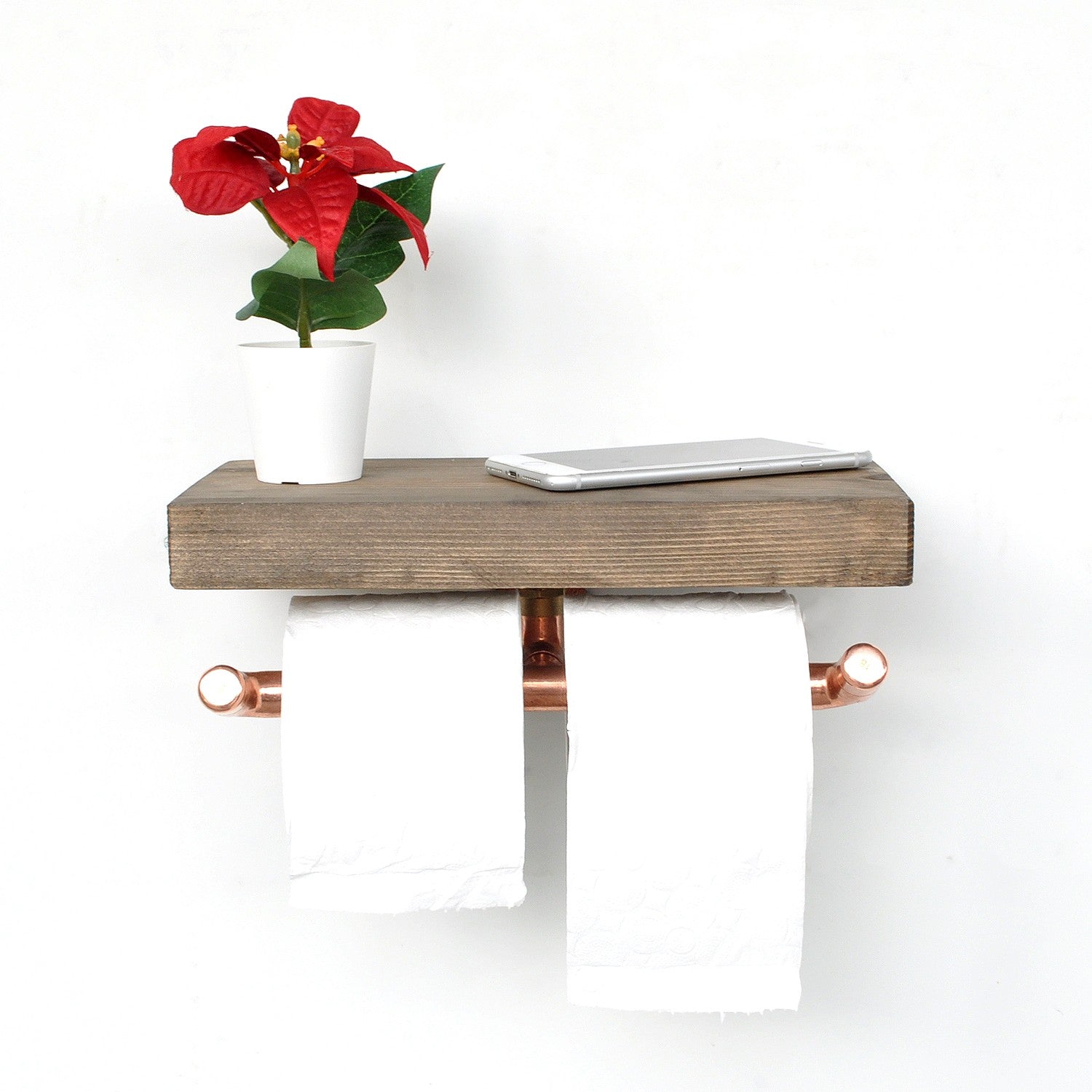 Suport dublu pentru hartie igienica COP018, lemn de molid/cupru, 30x12x15 cm