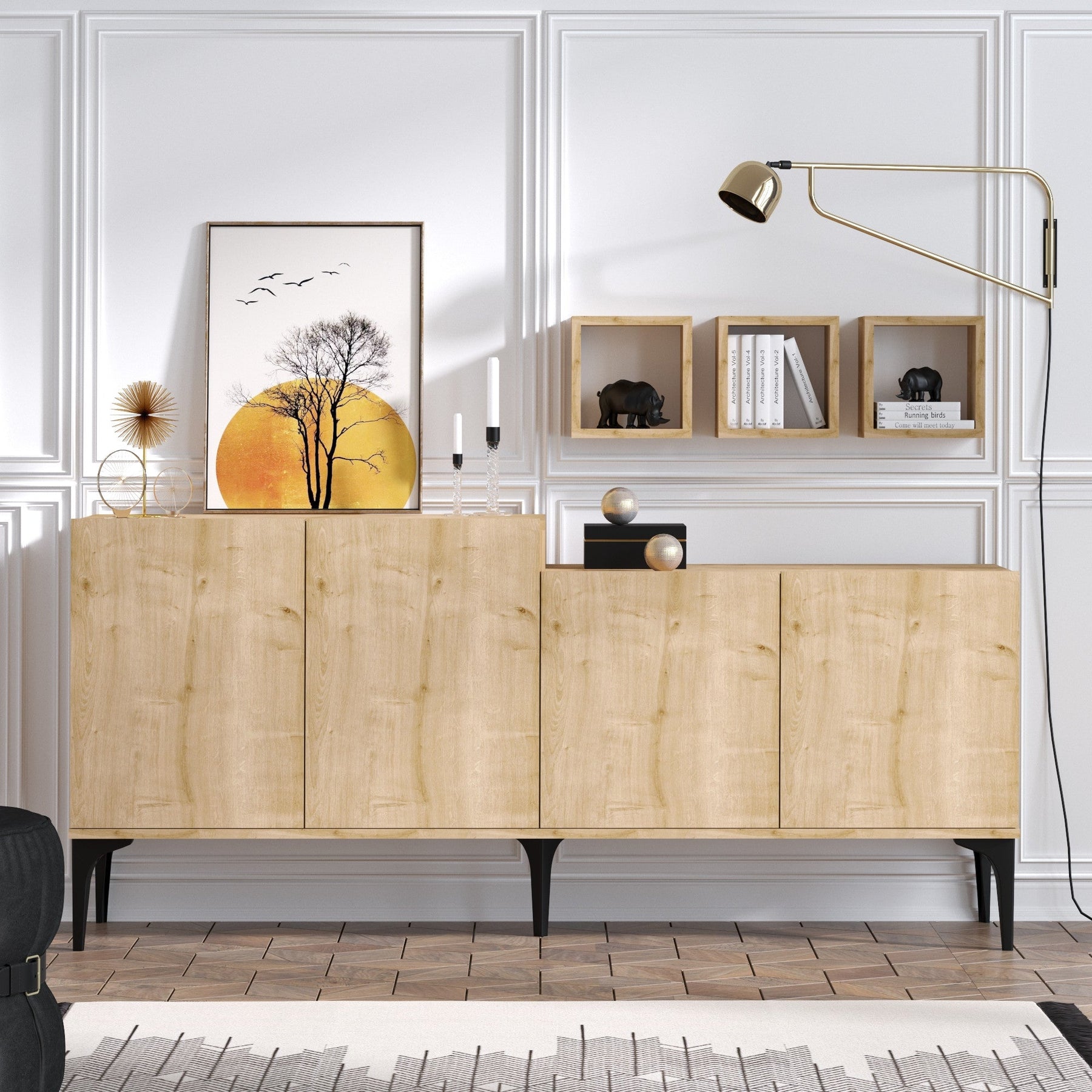 Set comoda si rafturi Magne, din PAL melaminat, stejar sapphire, 180x40x85 cm