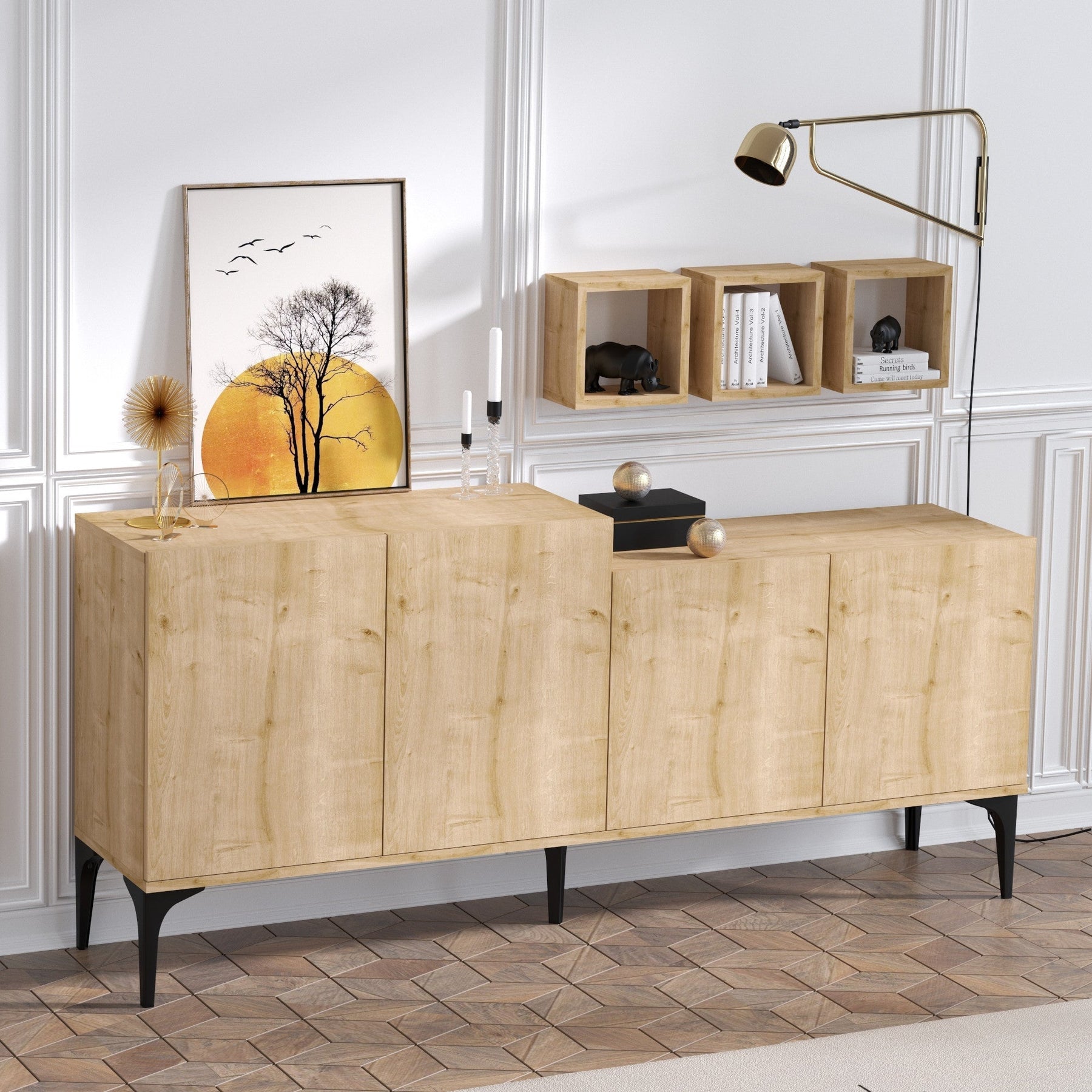Set comoda si rafturi Magne, din PAL melaminat, stejar sapphire, 180x40x85 cm