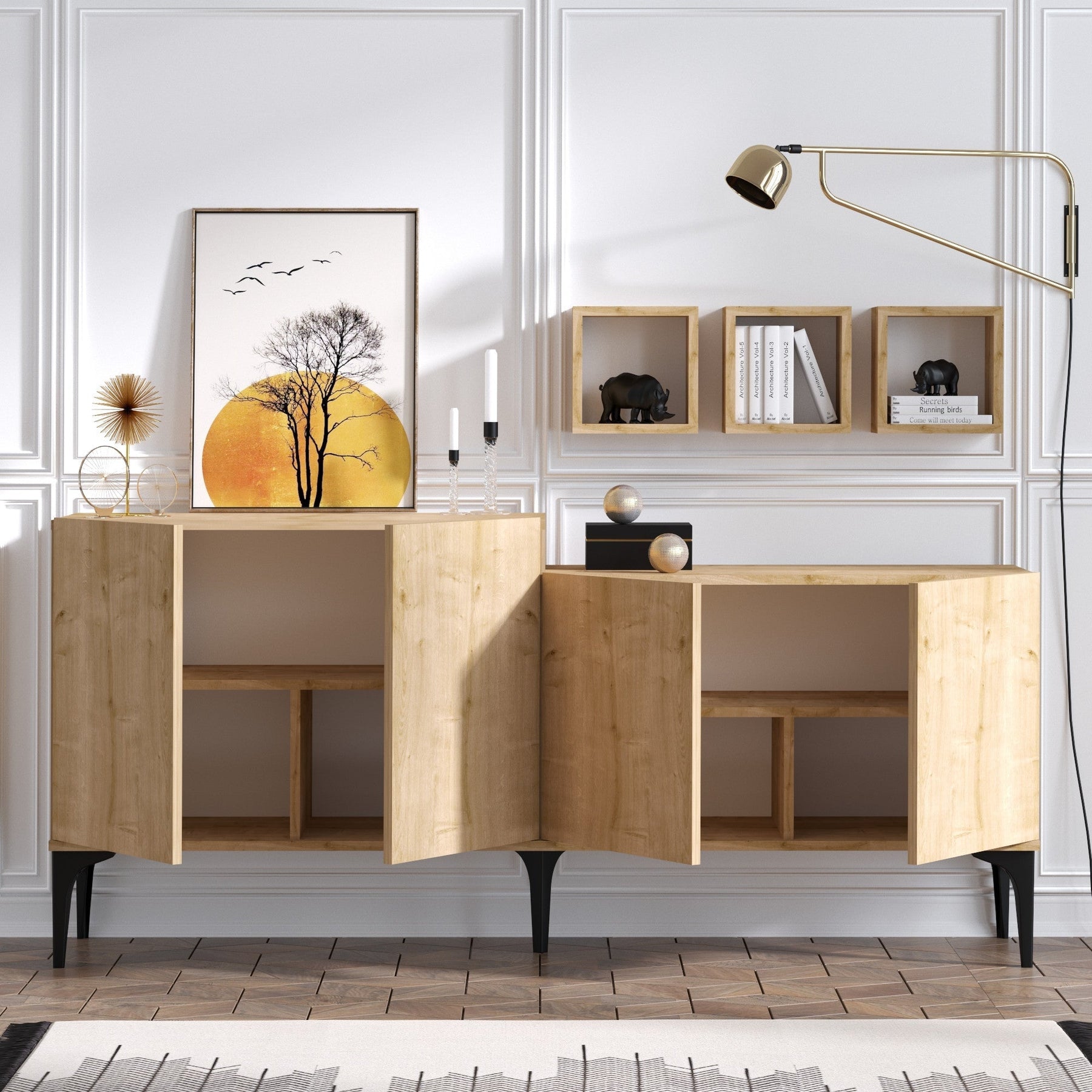 Set comoda si rafturi Magne, din PAL melaminat, stejar sapphire, 180x40x85 cm