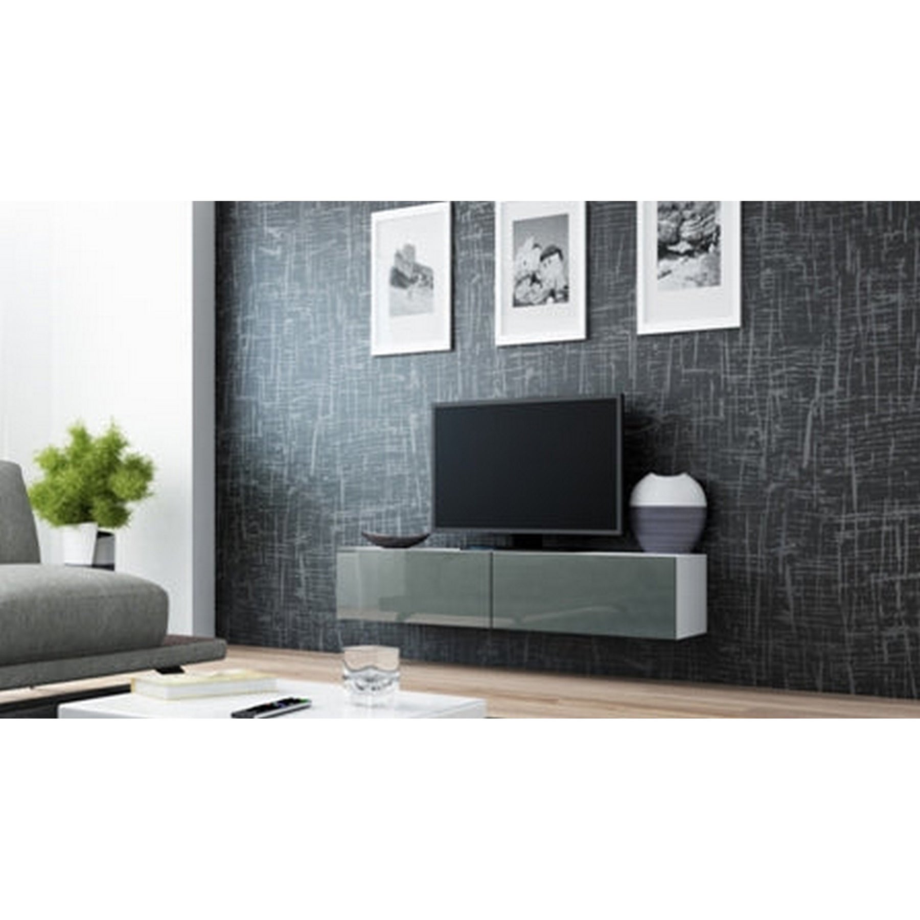 Comoda TV living Vigo, alb/gri lucios, 140x40x30 cm