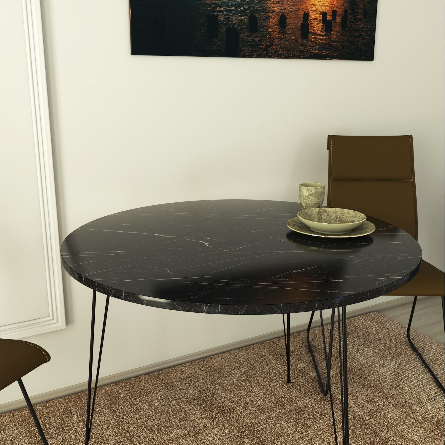 Masa Sandalf, din PAL melaminat, marmura neagra, 90x90x75 cm