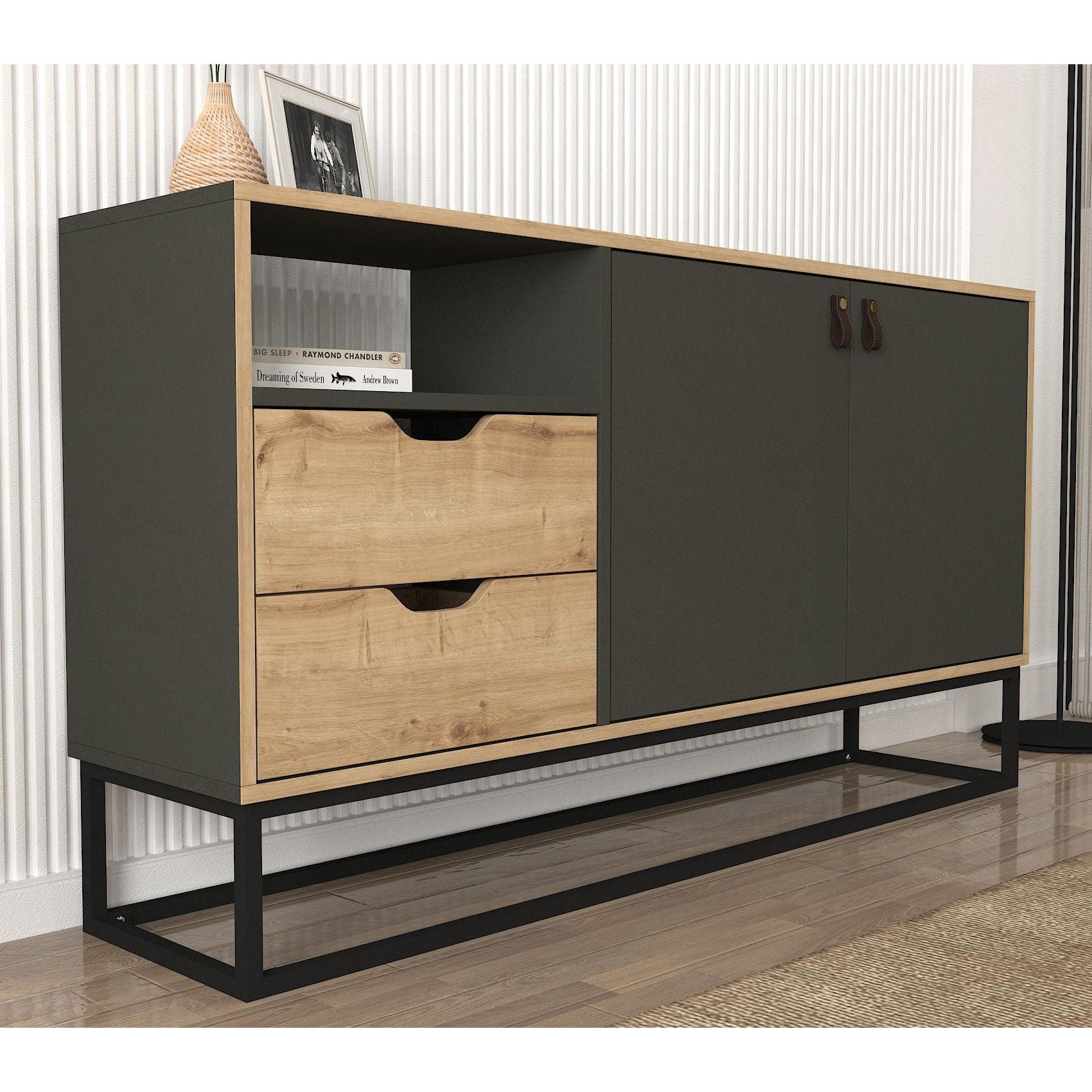Comoda Dolores, gri antacit/stejar, PAL melaminat, 150x80x35 cm