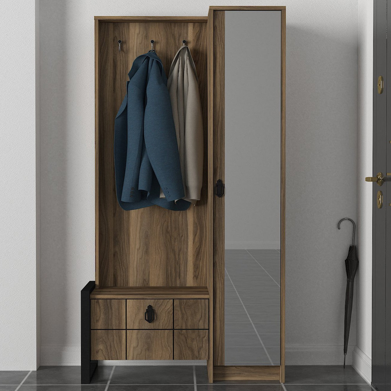 Cuier hol cu pantofar si oglinda Lost, din PAL melaminat, alun, 90x35x180 cm