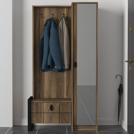 Cuier hol cu pantofar si oglinda Lost, din PAL melaminat, alun, 90x35x180 cm
