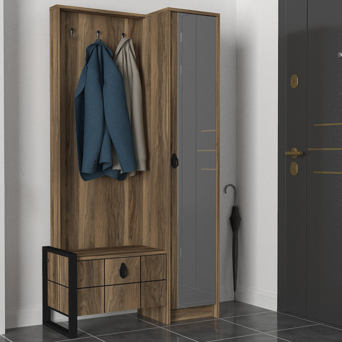Cuier hol cu pantofar si oglinda Lost, din PAL melaminat, alun, 90x35x180 cm
