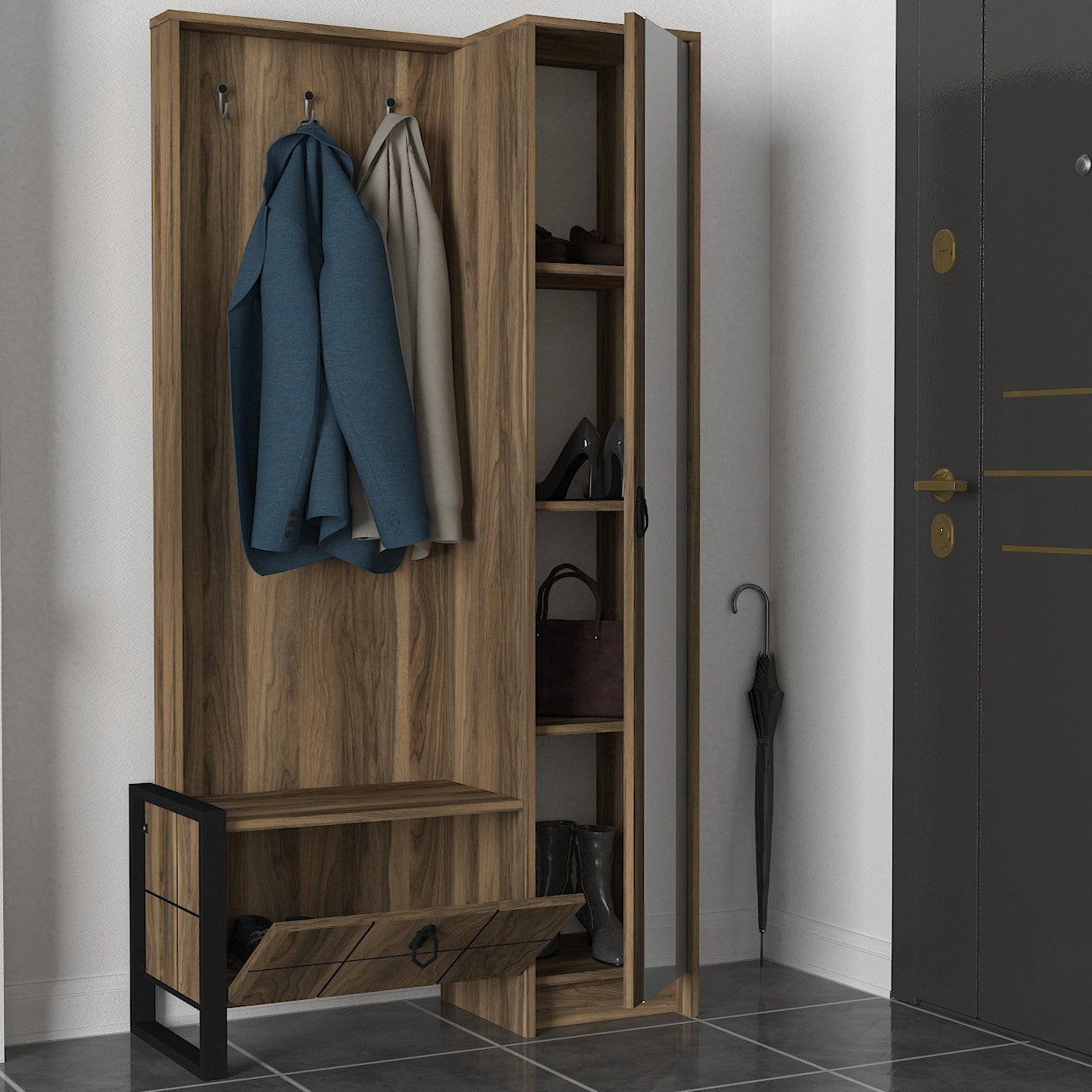 Cuier hol cu pantofar si oglinda Lost, din PAL melaminat, alun, 90x35x180 cm