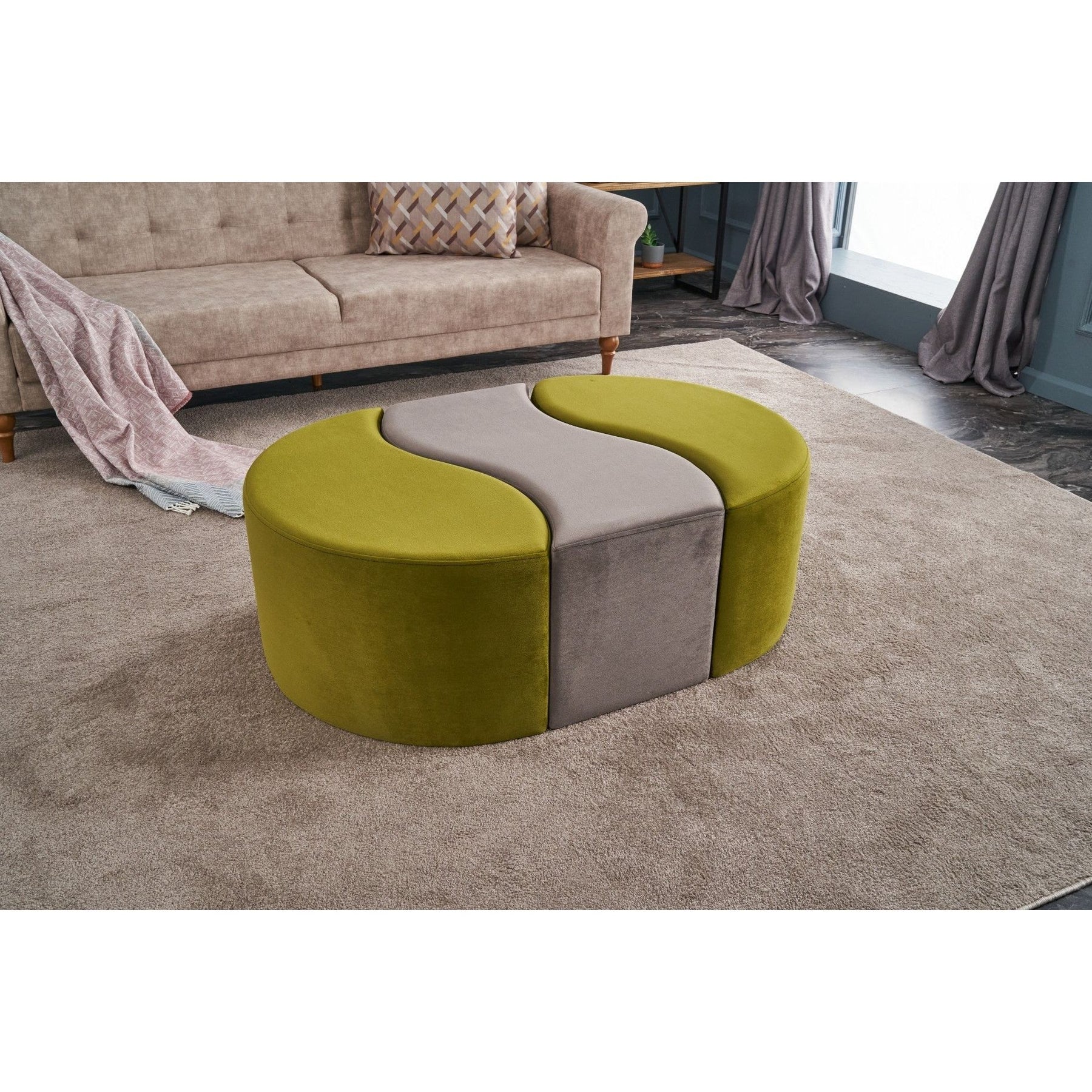 Set 3 taburete Alya, verde/gri, stofa catifelata, 120x80x40 cm