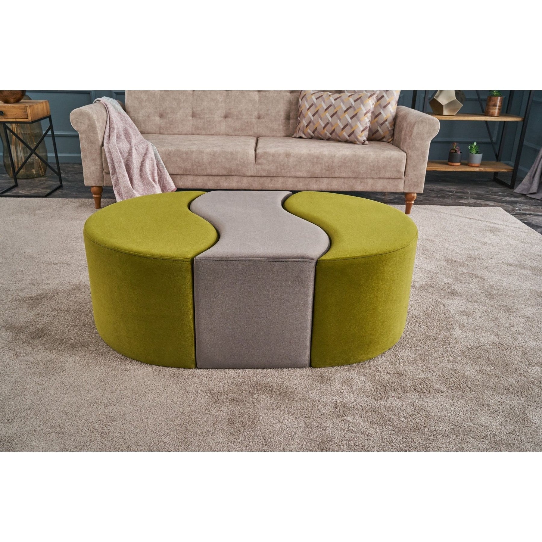 Set 3 taburete Alya, verde/gri, stofa catifelata, 120x80x40 cm