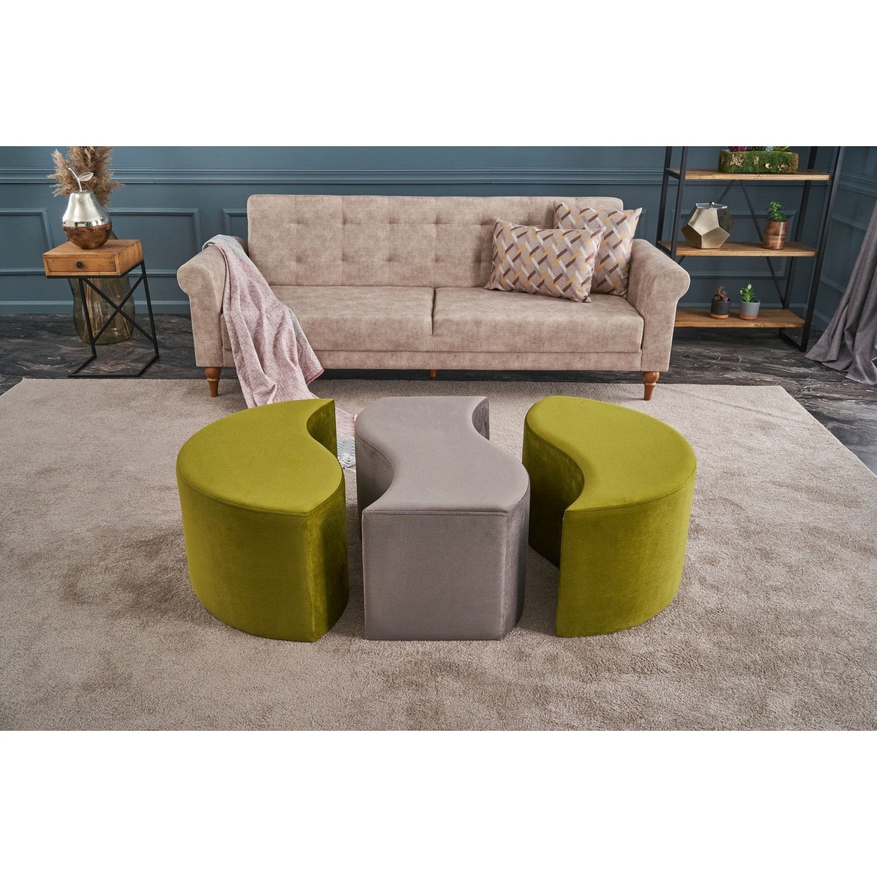 Set 3 taburete Alya, verde/gri, stofa catifelata, 120x80x40 cm