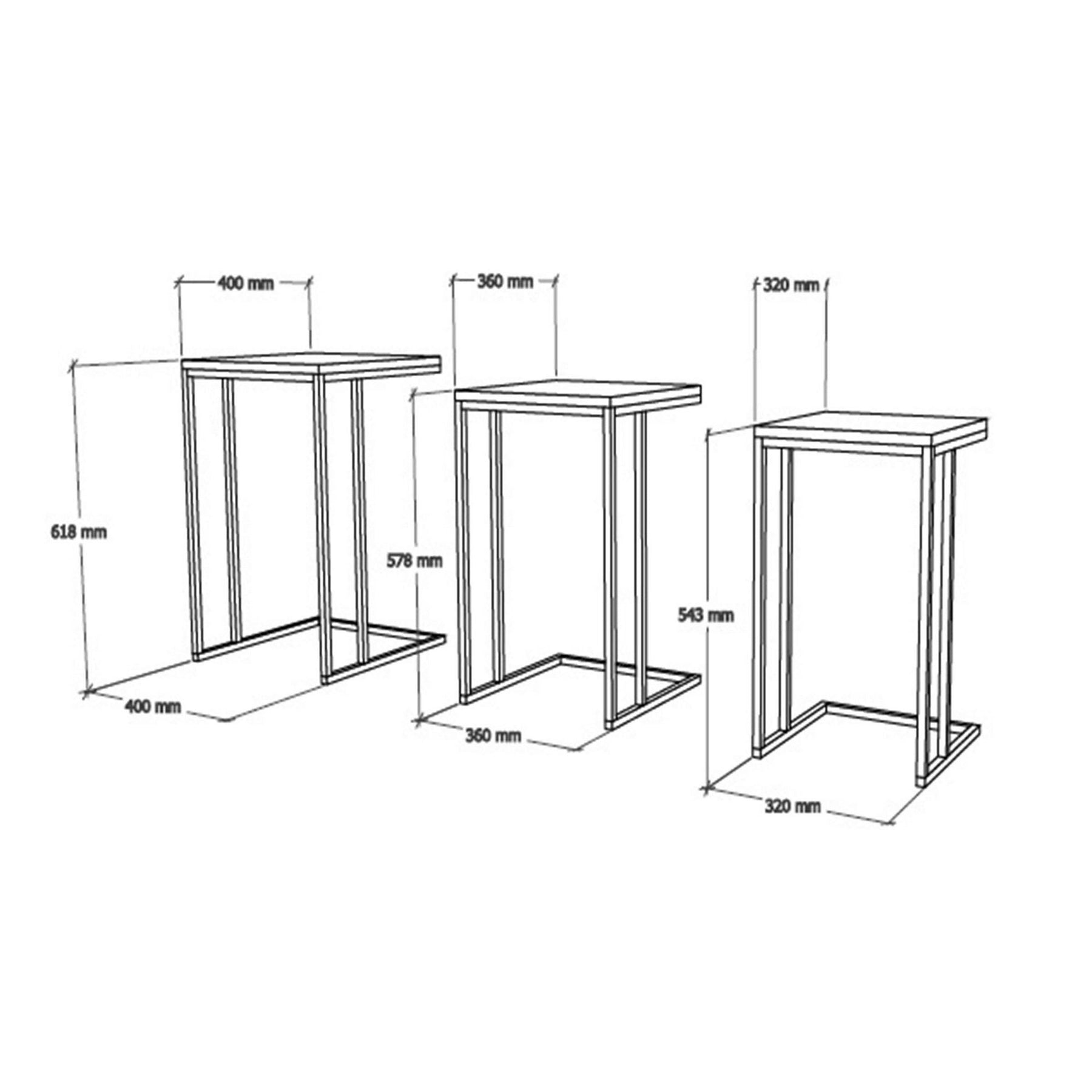 Set 3 masute Pino, nuc/negru, 100% PAL melaminat, 40x60x40 cm