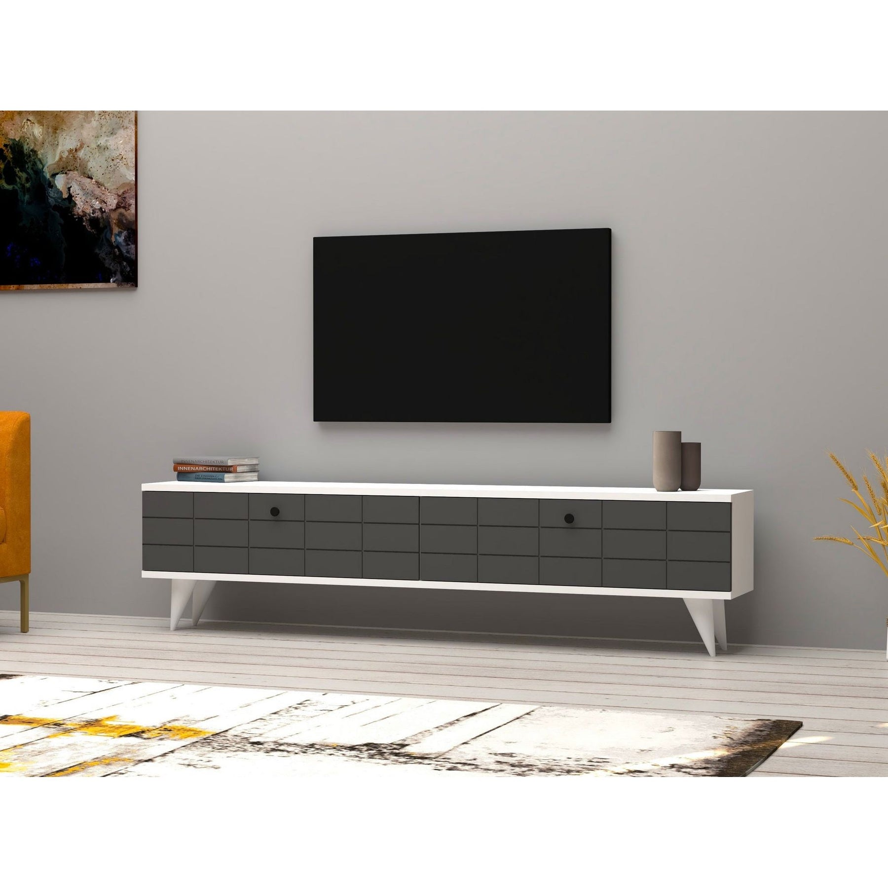 Comoda TV Alberi, alb/gri, PAL melaminat, 160x35x25 cm