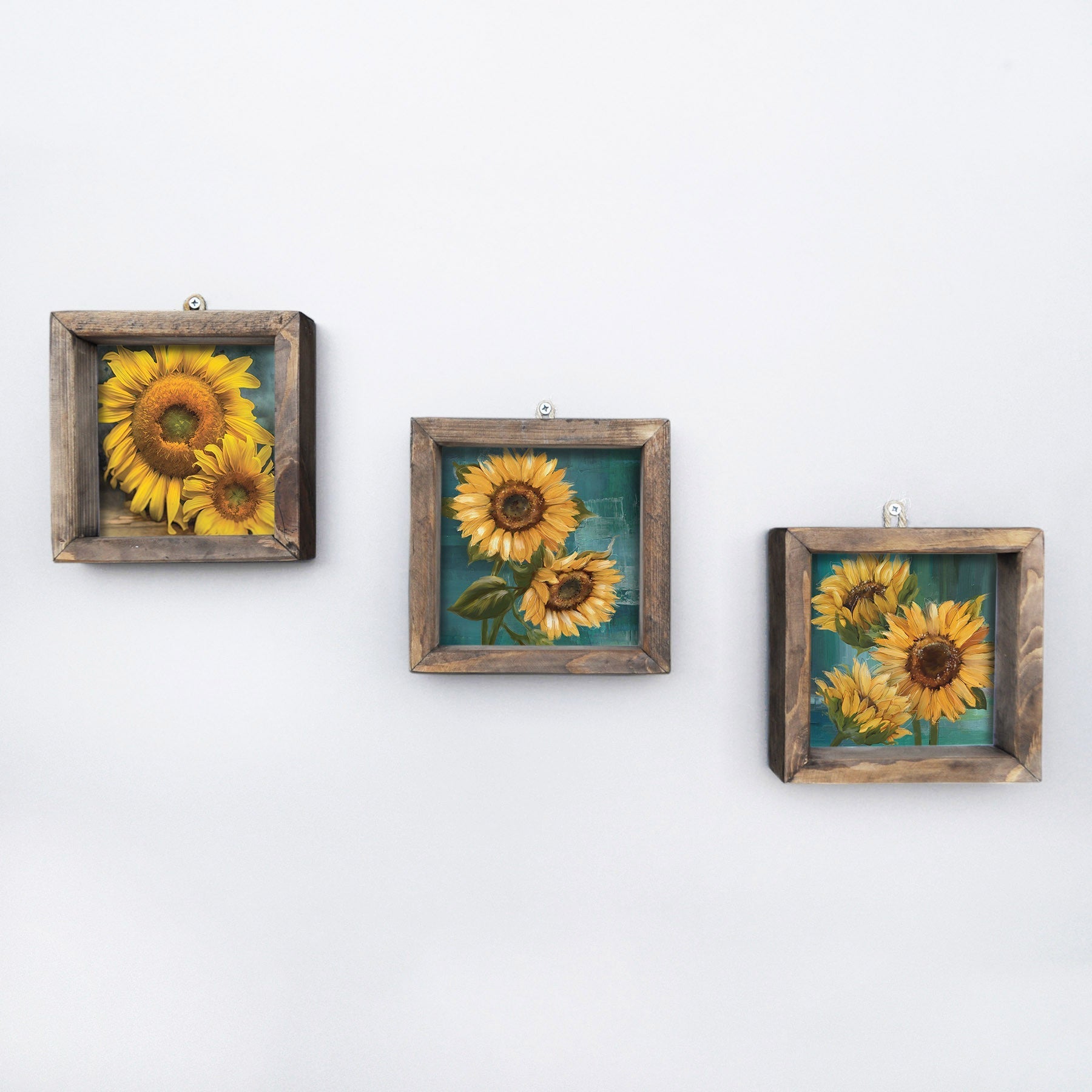 Set 3 Tablouri UKZM005, lemn de pin, imprimeu floarea-soarelui, 15x15 cm