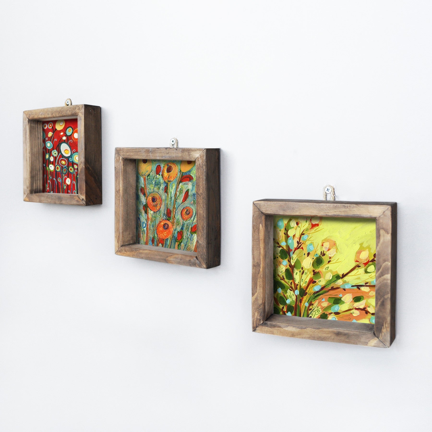 Set 3 Tablouri UKZM018, lemn de pin, multicolor-imprimeu floral, 15x15 cm