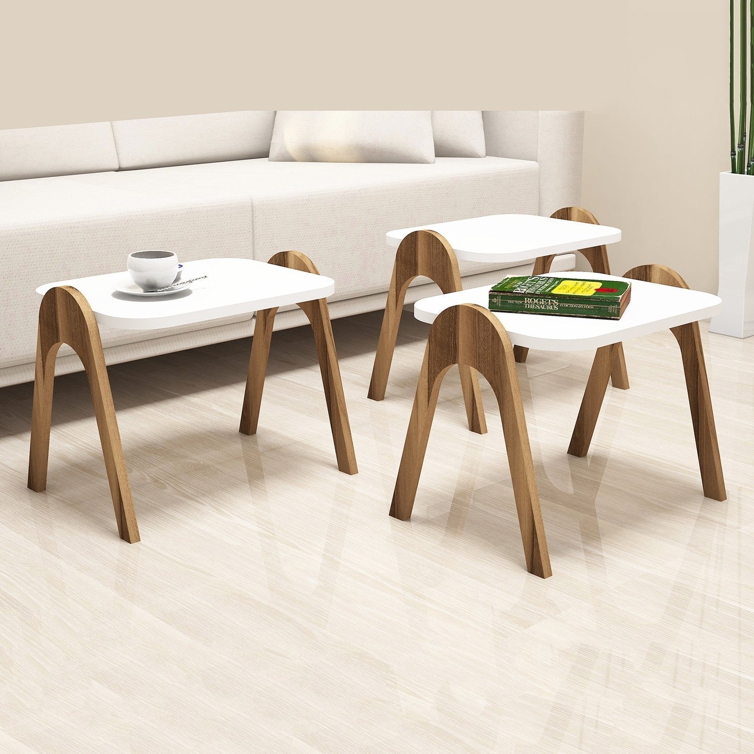Set 3 masute Paris, din PAL melaminat, nuc/alb, 48.6x42x35.5 cm