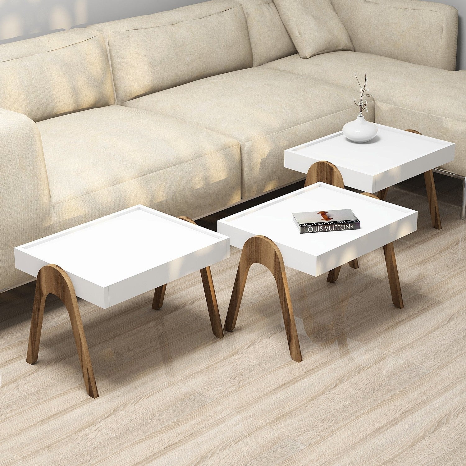 Set masute de cafea Roma, din PAL melaminat, nuc/alb, 54x64x40(x3) cm