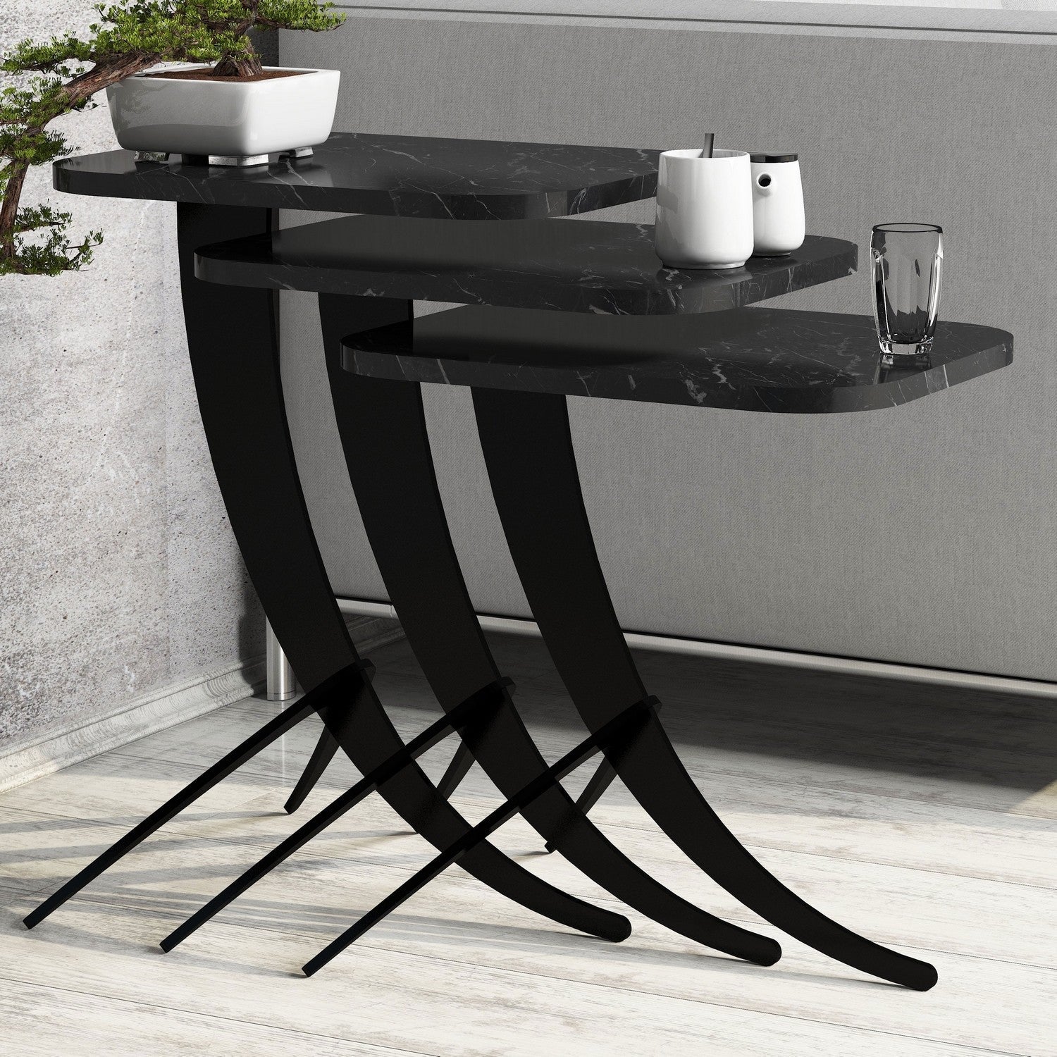Set 3 masute Pion, din PAL melaminat, marmura neagra, 35x45x60 cm