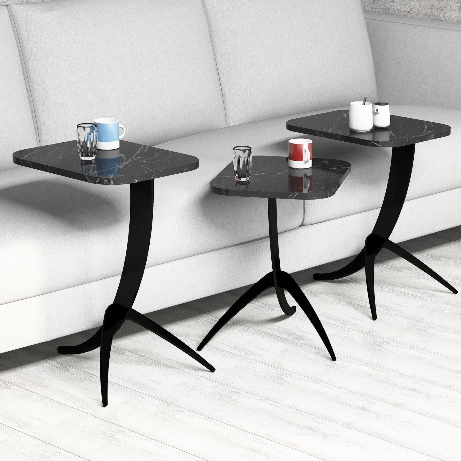 Set 3 masute Pion, din PAL melaminat, marmura neagra, 35x45x60 cm