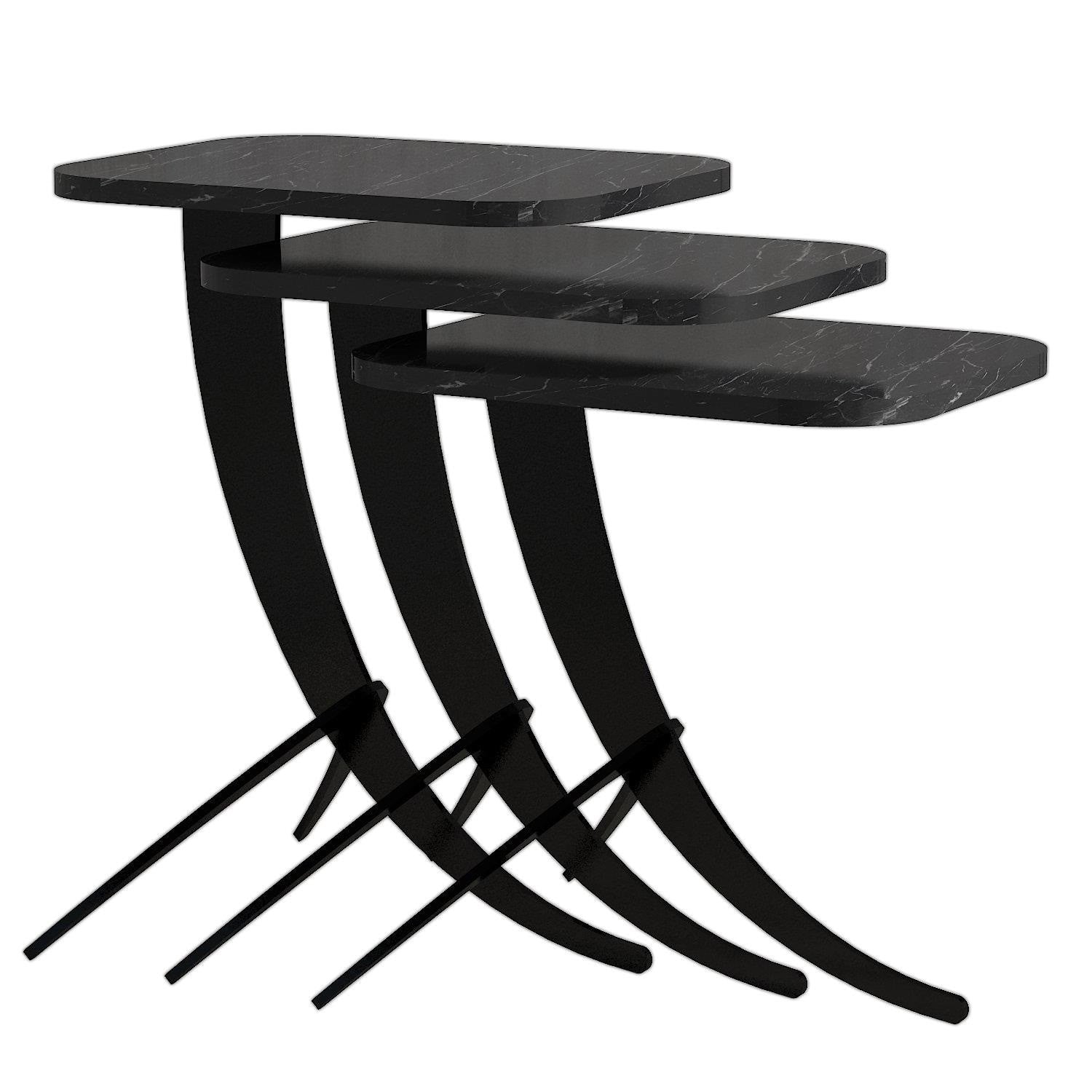 Set 3 masute Pion, din PAL melaminat, marmura neagra, 35x45x60 cm