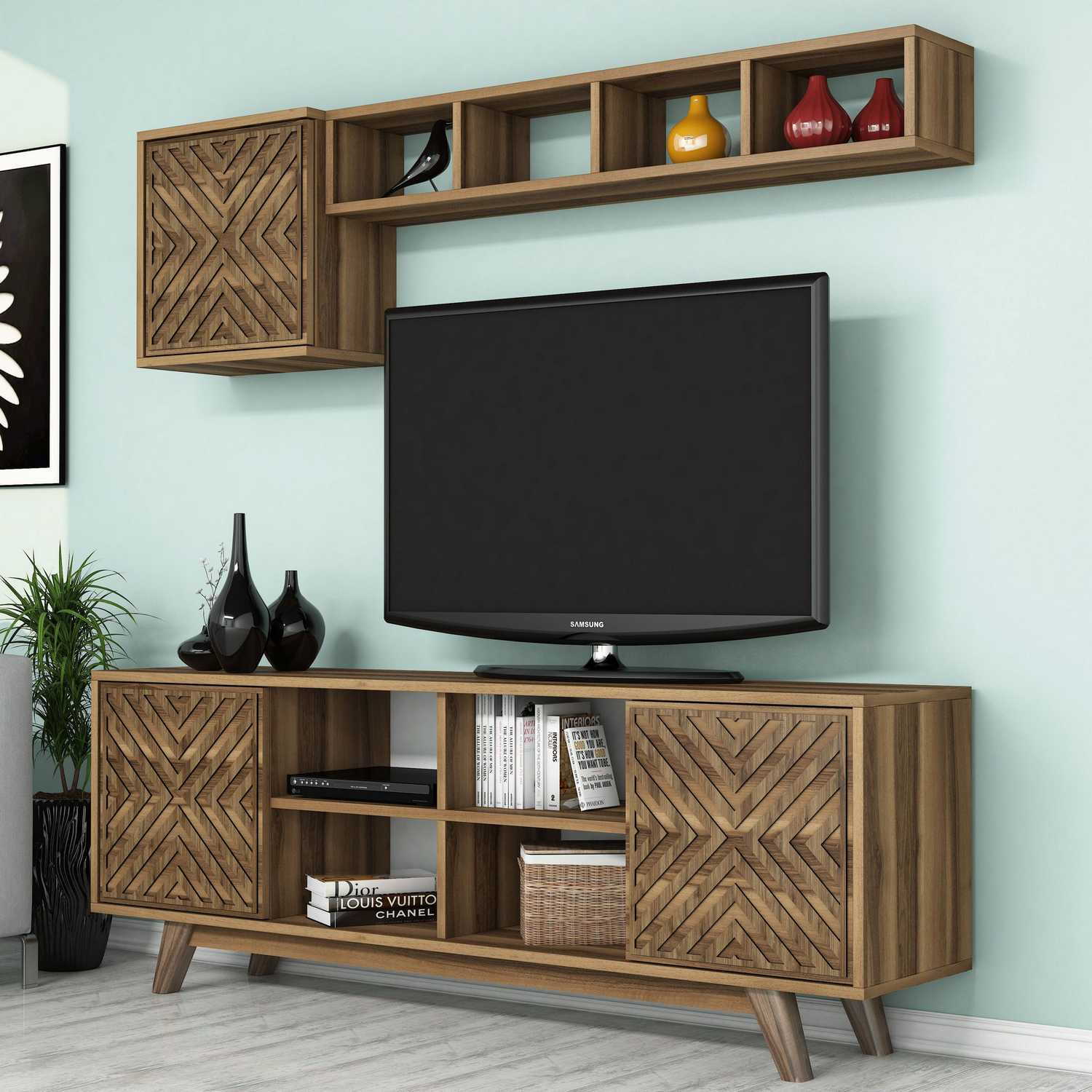 Set Living Inci, din PAL melaminat, nuc, 160x35 cm