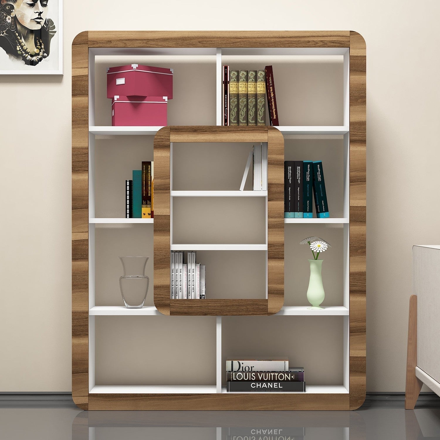 Biblioteca Orkide, din PAL melaminat, alb/nuc, 109x22x140 cm