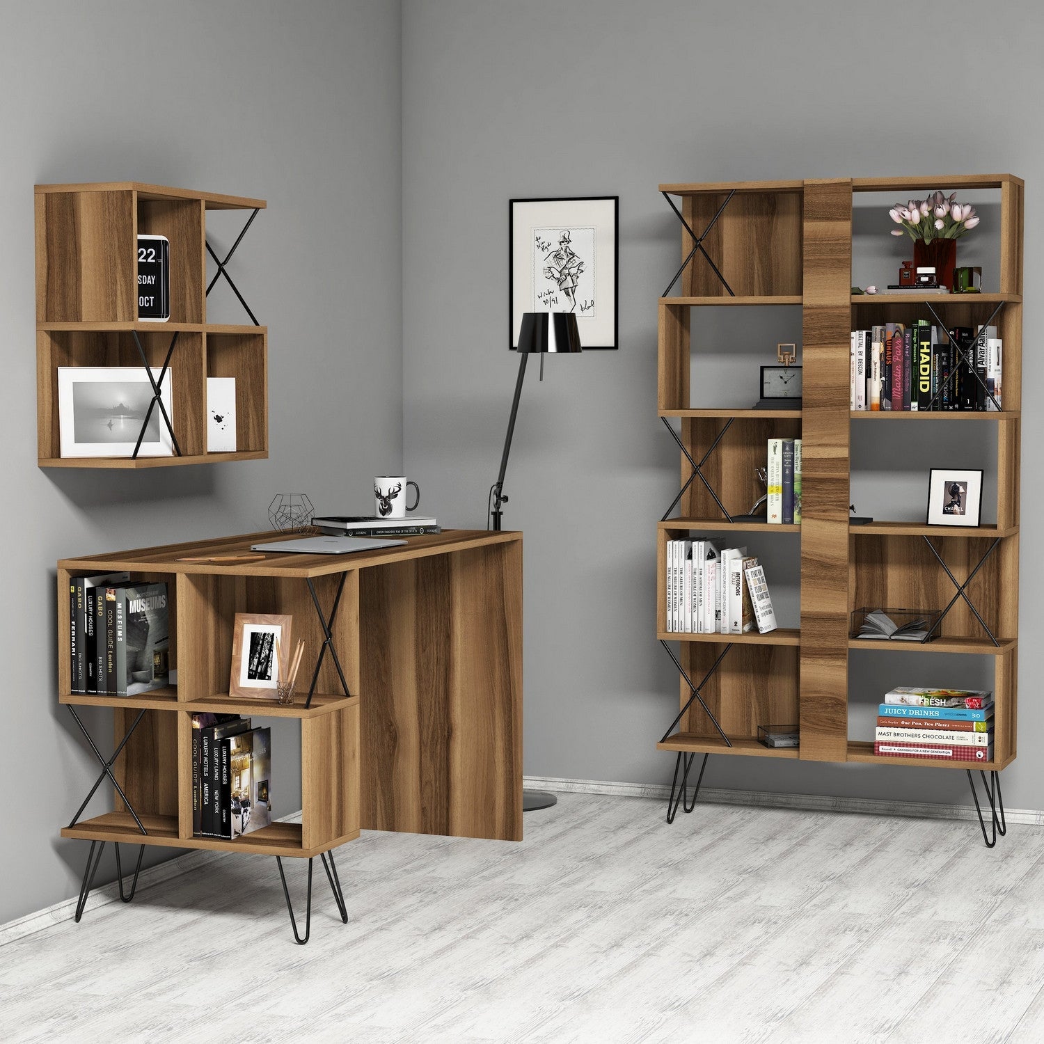 Set mobilier birou Extra 2, nuc/negru, PAL melaminat, 3 piese