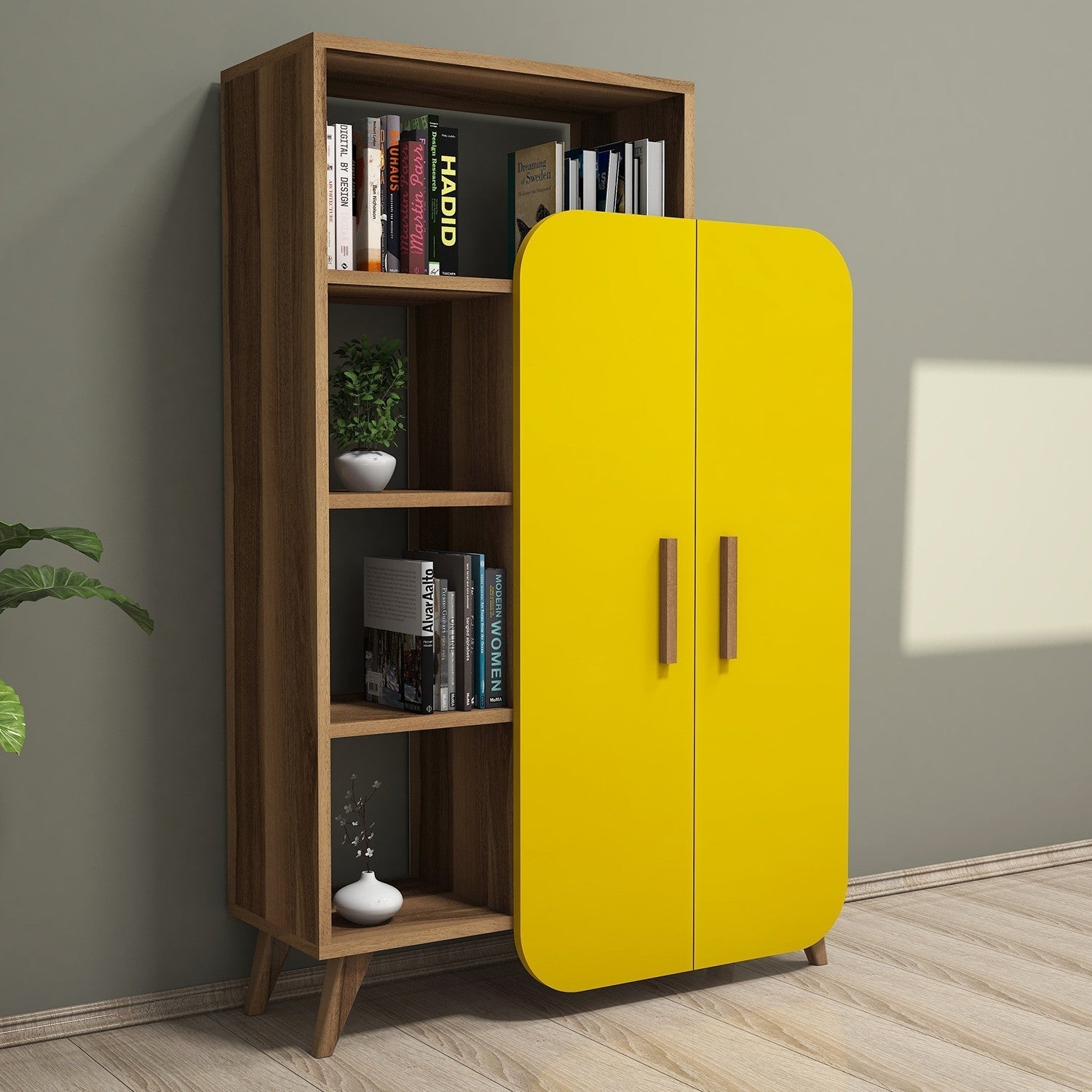 Dulap Form, din PAL melaminat, nuc/galben, 90x32x132 cm