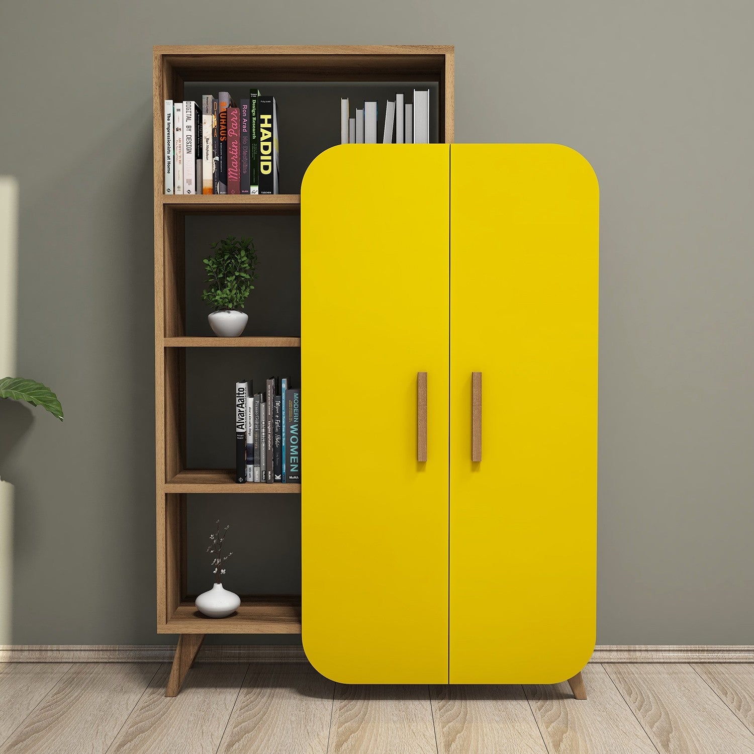 Dulap Form, din PAL melaminat, nuc/galben, 90x32x132 cm