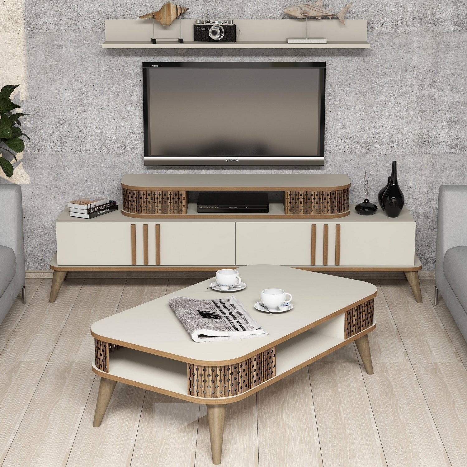 Set Living Eylul, din PAL melaminat, crem, 3 piese