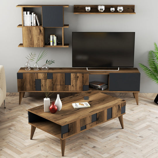 Set Living Madrid, 4 piese, din PAL melaminat, gri antracit