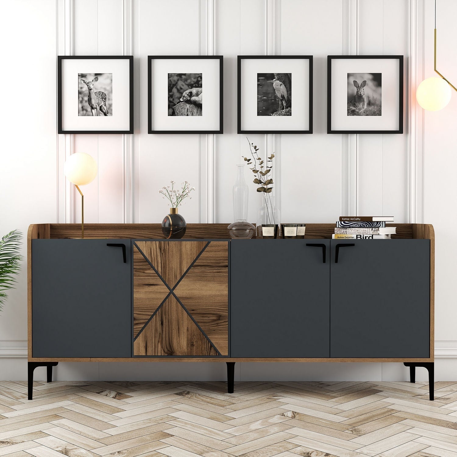 Comoda 3 usi Venedik, din PAL melaminat, nuc/gri antracit, 180x35x78 cm
