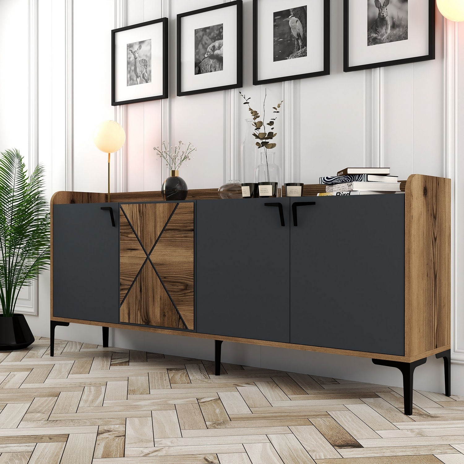 Comoda 3 usi Venedik, din PAL melaminat, nuc/gri antracit, 180x35x78 cm