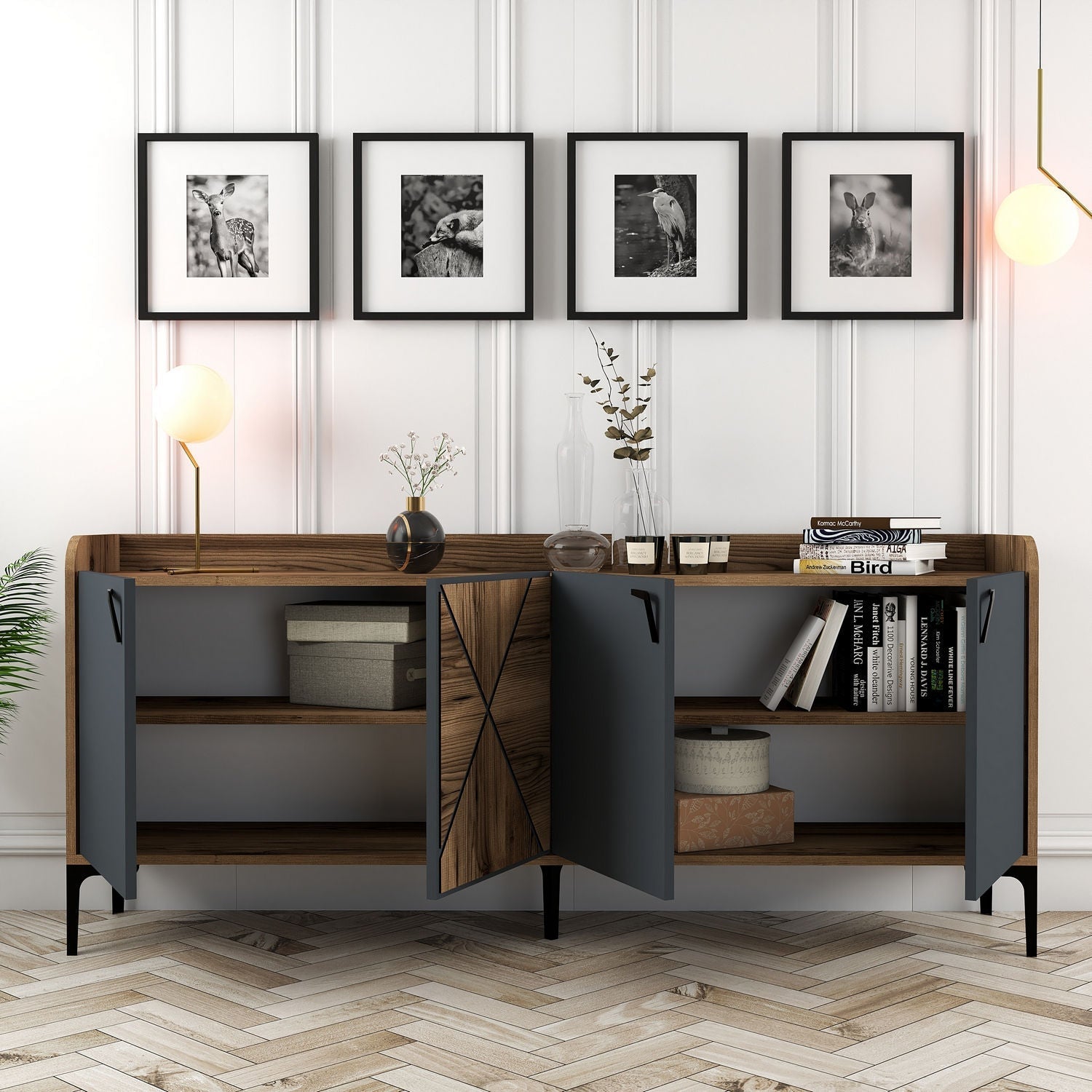 Comoda 3 usi Venedik, din PAL melaminat, nuc/gri antracit, 180x35x78 cm