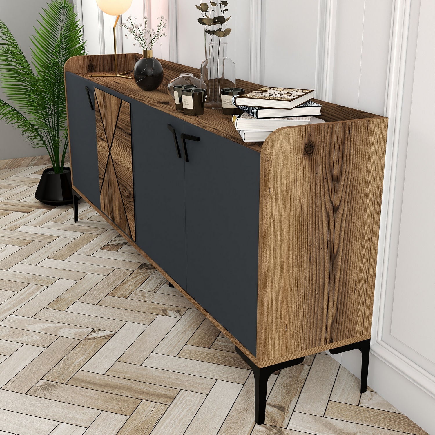 Comoda 3 usi Venedik, din PAL melaminat, nuc/gri antracit, 180x35x78 cm