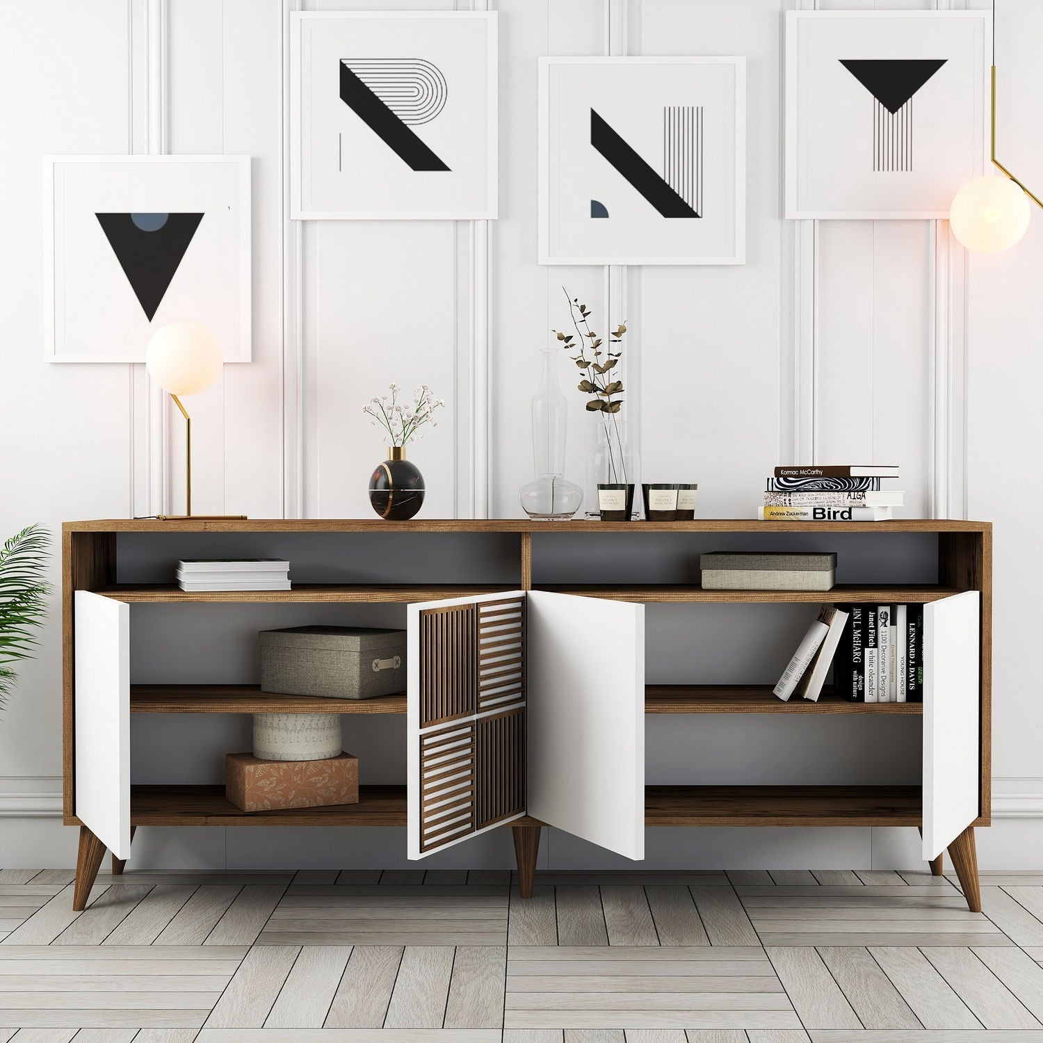 Comoda Milan, din PAL melaminat, alun/alb, 180x35x79 cm