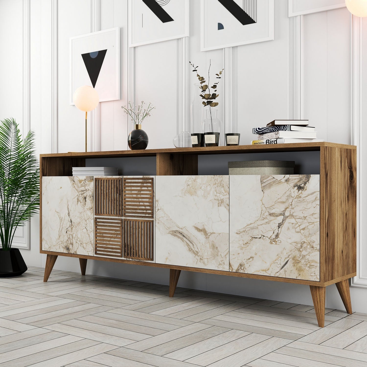 Comoda Milan, din PAL melaminat, alun/marmura alba, 180x35x79 cm