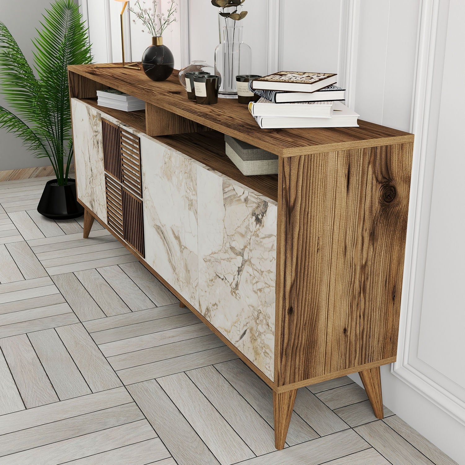 Comoda Milan, din PAL melaminat, alun/marmura alba, 180x35x79 cm